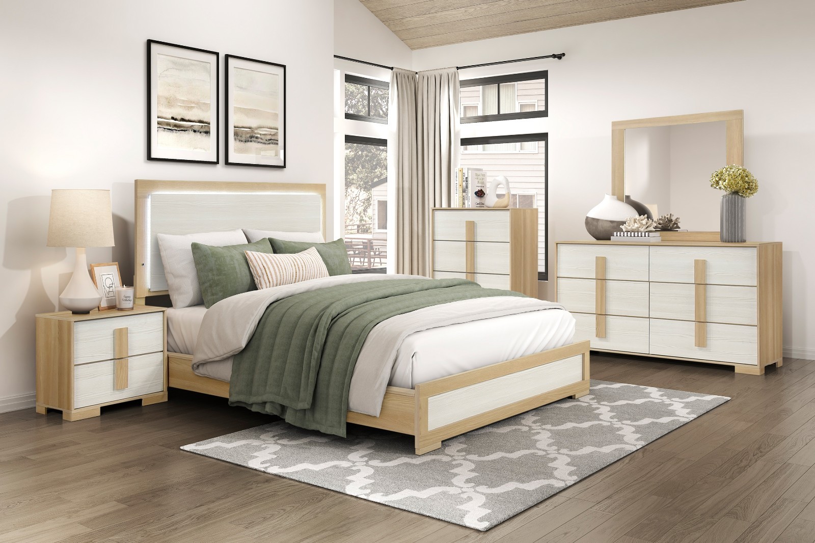 NEW LED Oak Brown Queen King Twin Full 5PC Modern Rustic Bedroom Set B/D/M/N/C