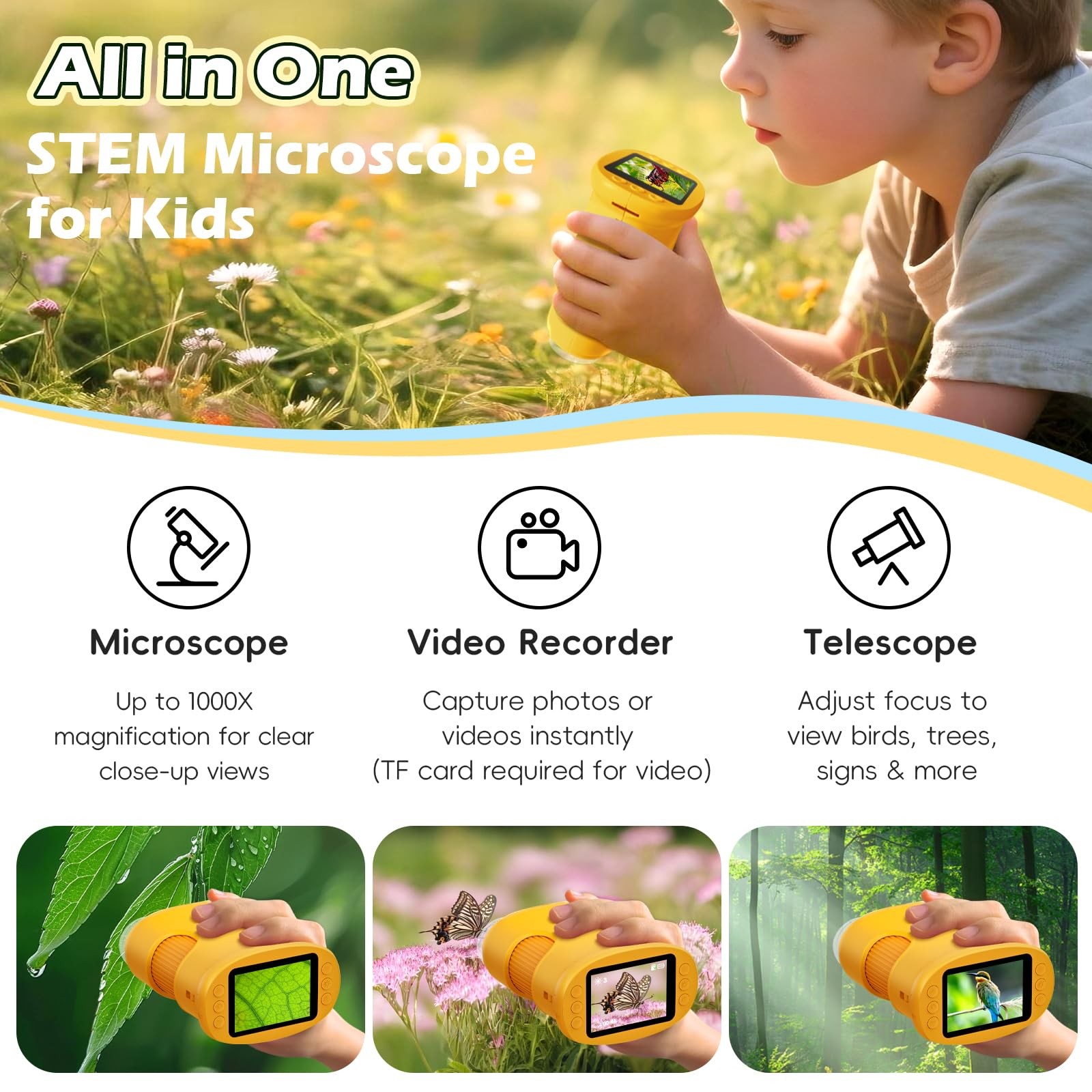Microscope for Kids 1000X Digital, Handheld HD Yellow