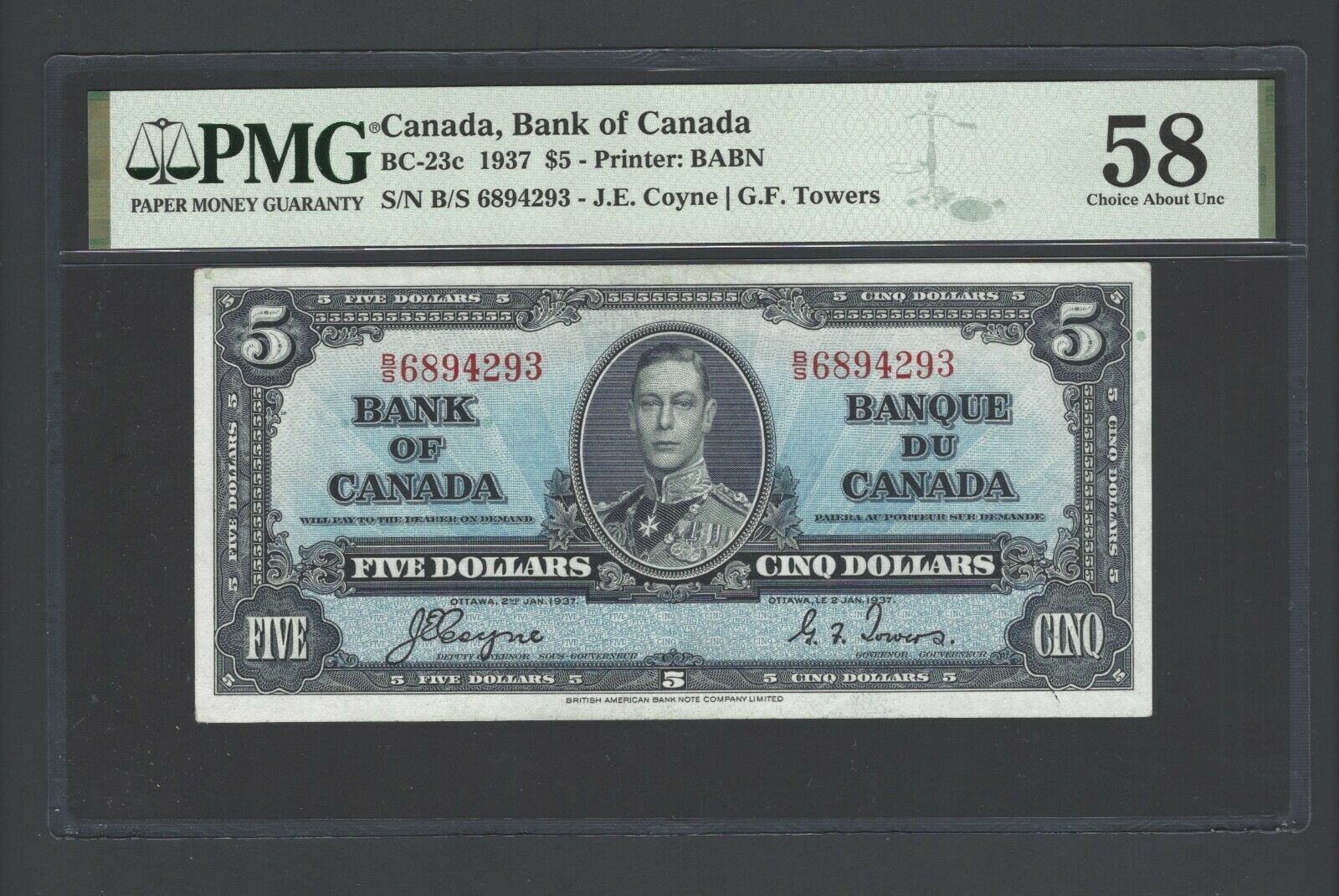 Canada 5 Dollars 1937 BC-23c About Uncirculated