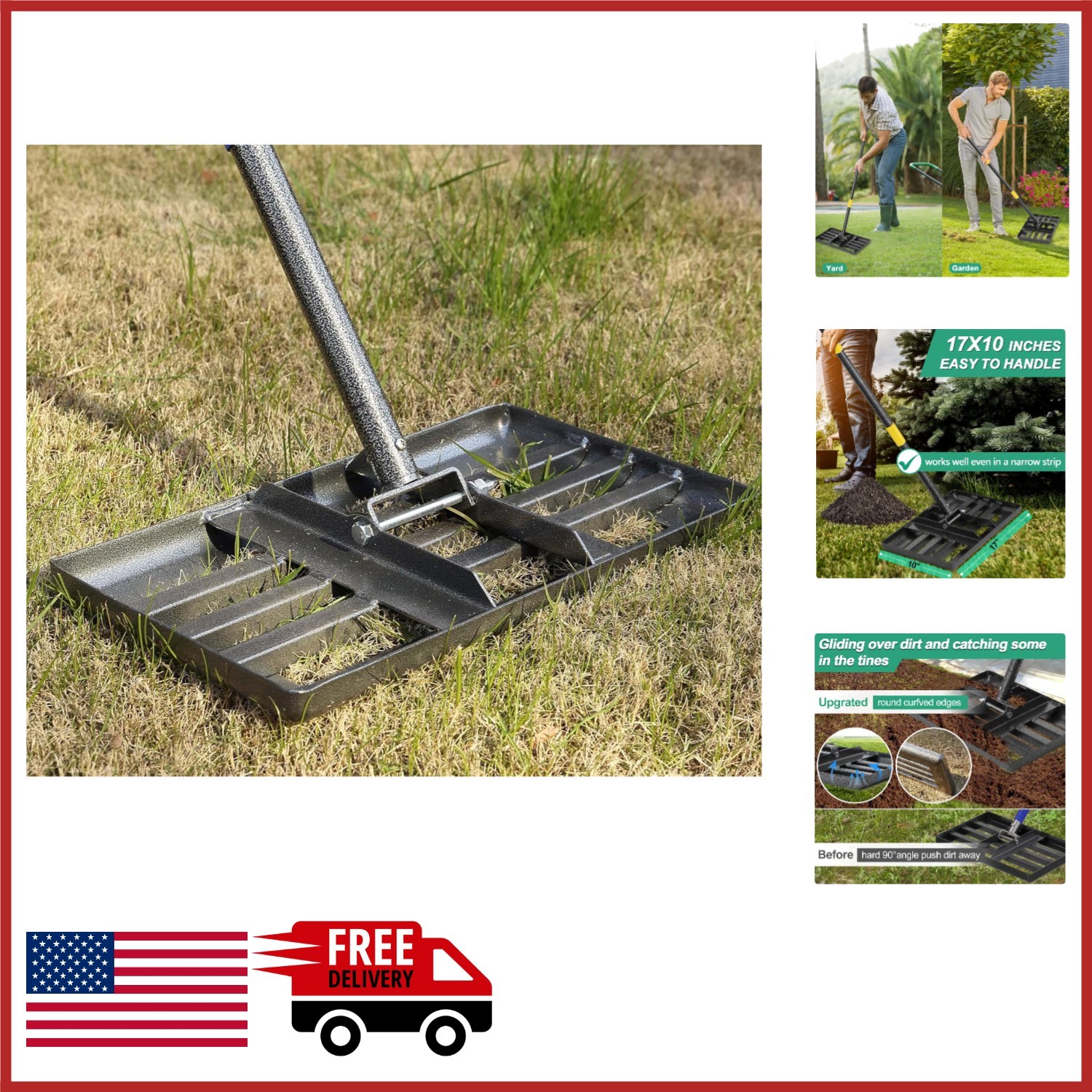 17x10 Lawn Rake with Adjustable Handle for Yard Leveling and Smoothing