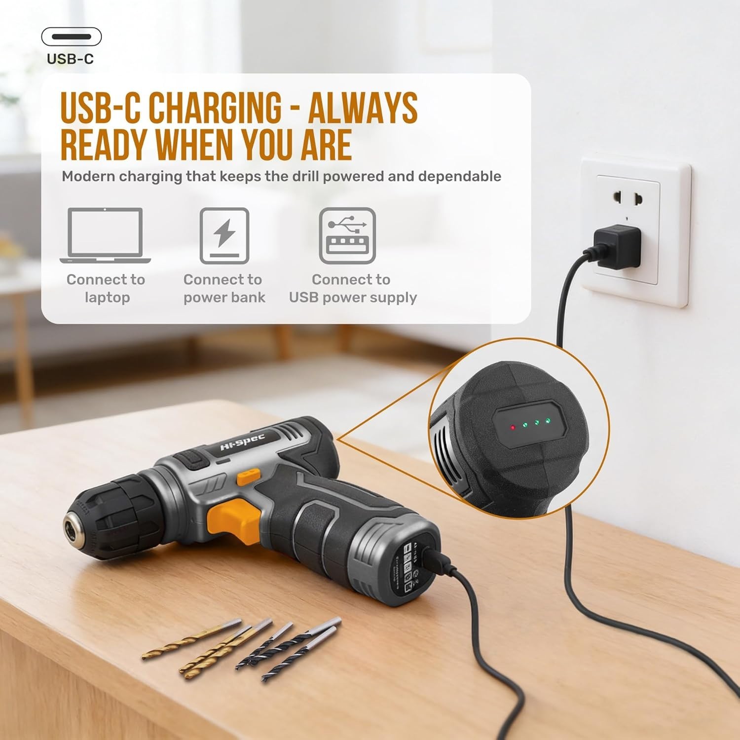 Hi-Spec 8V USB Cordless Drill Driver Kit w/ Bits Wall Hanging Set Grey