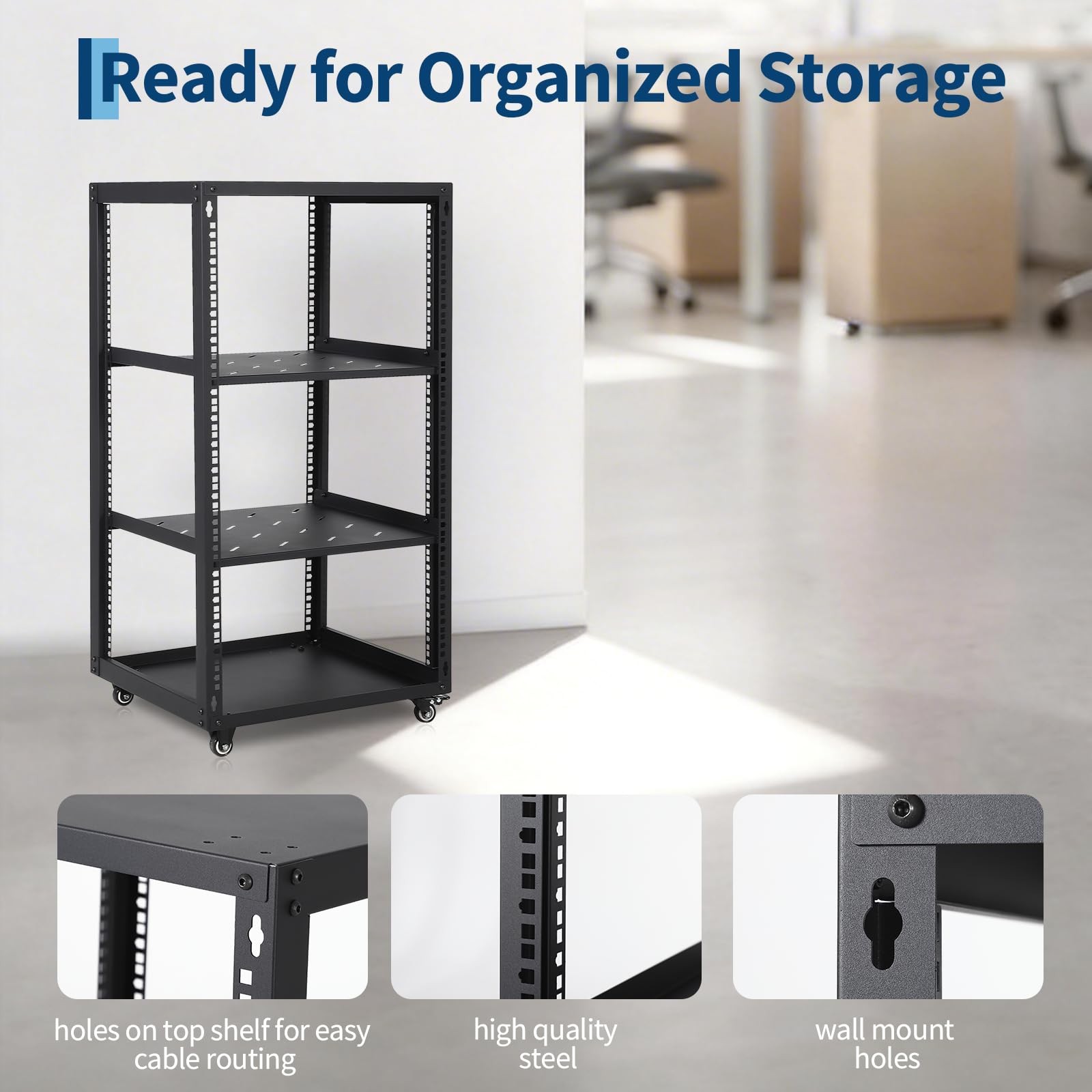 12U Open Frame Server Rack Network Enclosure Rack for IT & AV Gear with Casters