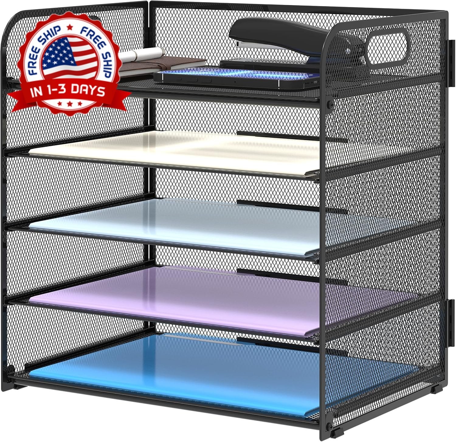 Organizador Papel 5 Niveles Malla Metal Negro Con Asa Escritorio Oficina Sorter