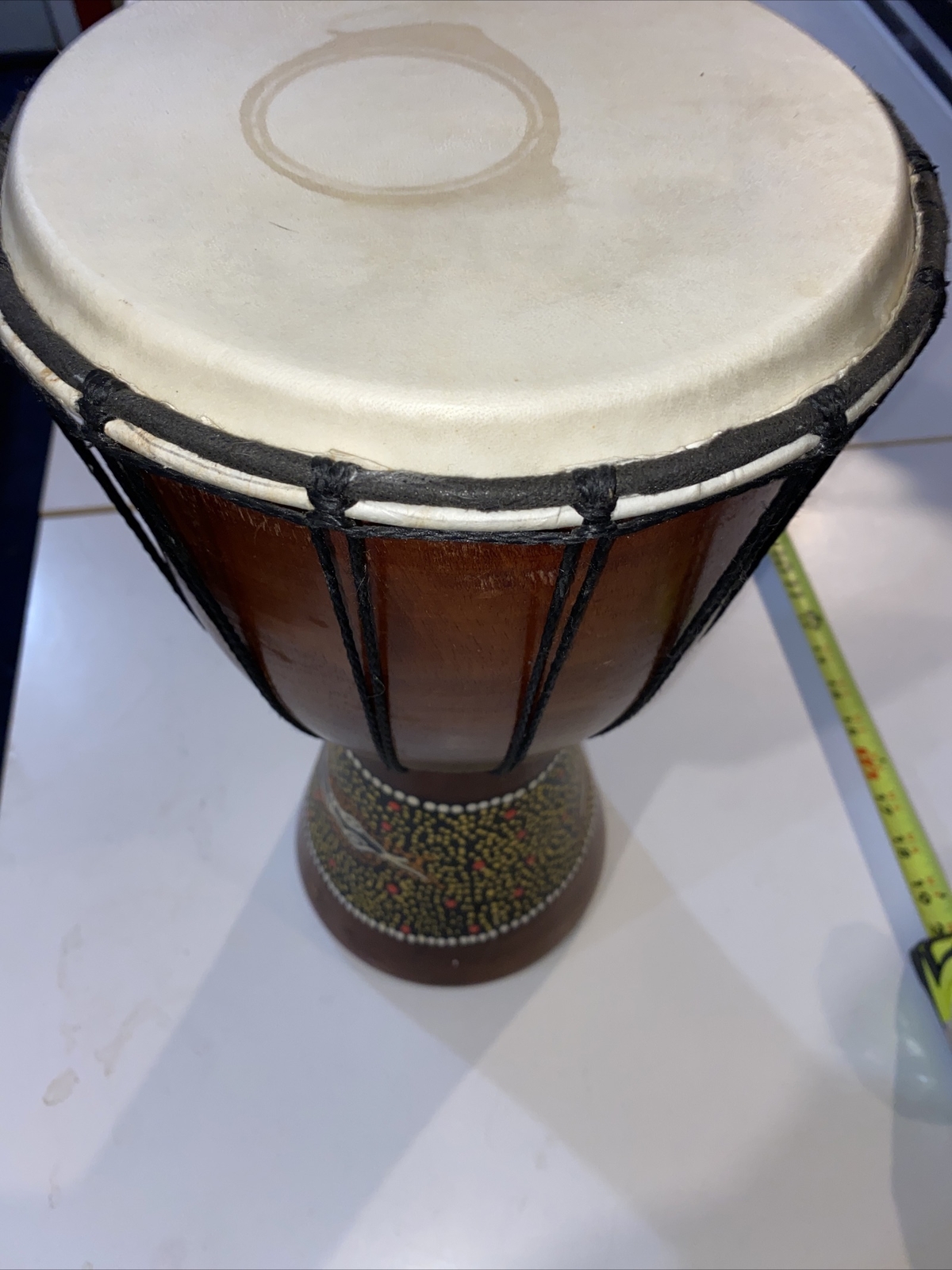 Hand Carved Djembe Solid Wood Hand Painted Python, Carrying Strap, Great Sound