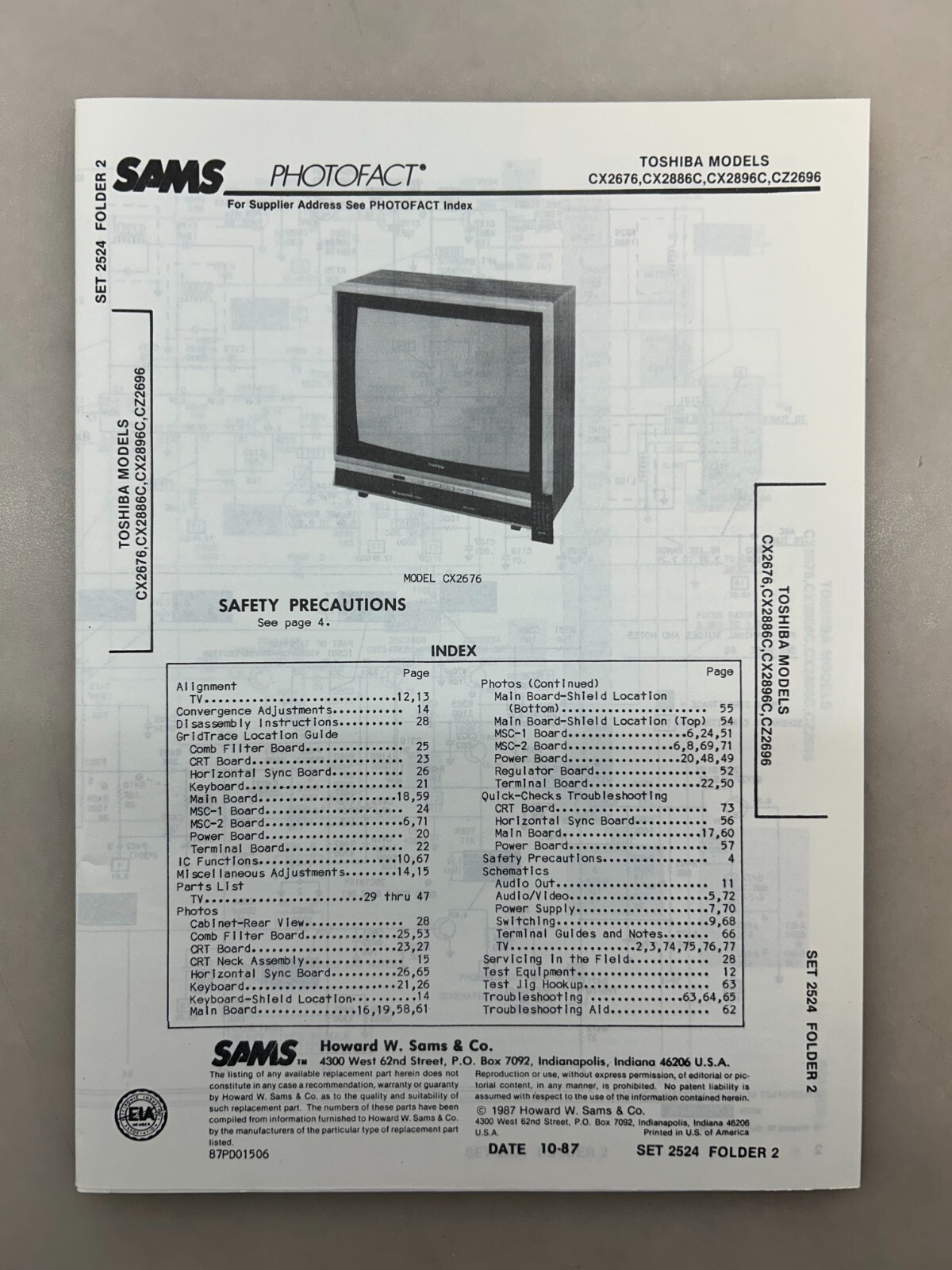 Toshiba CX2676 CX2886 CX2896 CZ2696 Service Manual Sams Photofact Free Shipping