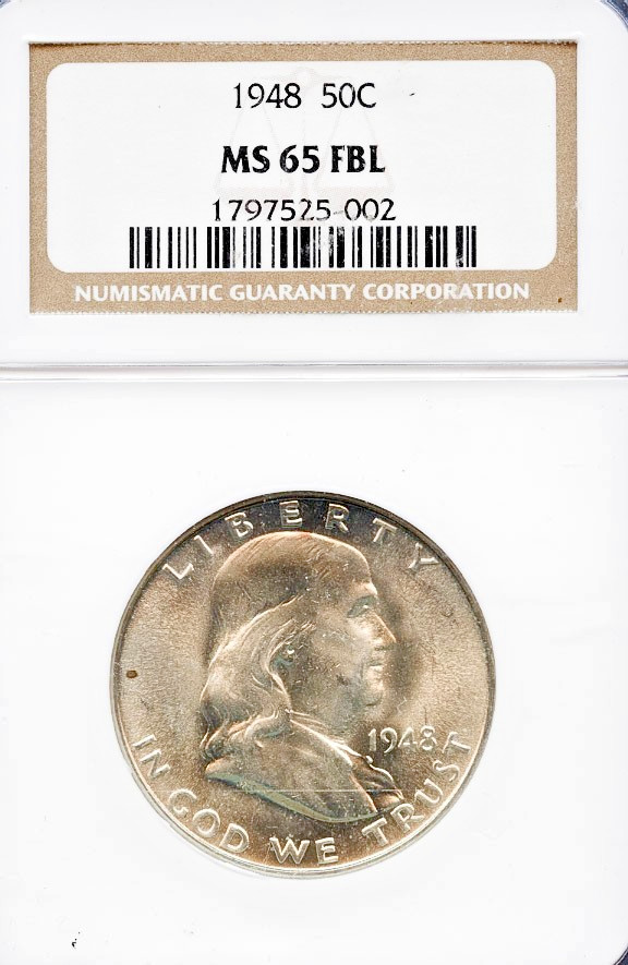 1948 50c Franklin Head Half-dollar MS 65 FBL # 1797525-002 + Silver Bonus