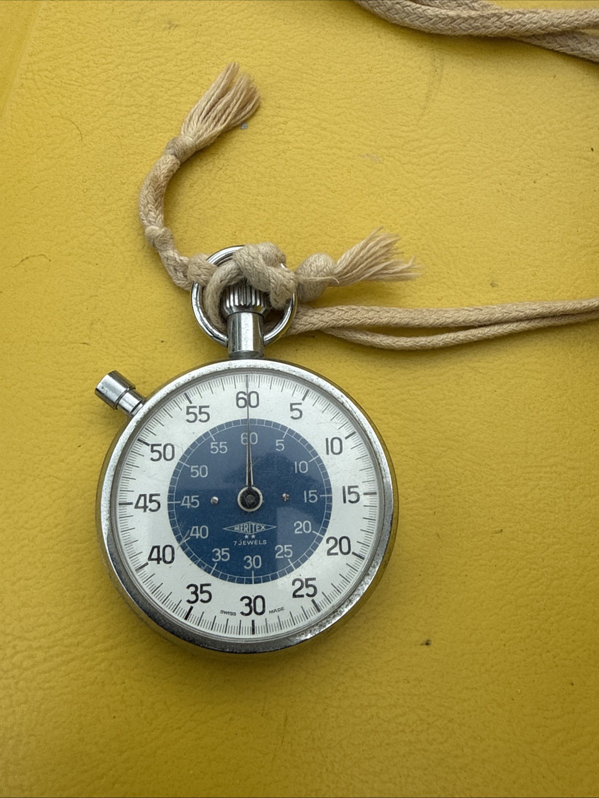 Vintage Meritex Stopwatch 7 Jewels Swiss Mechanical Timer Clean Dial Working Blu