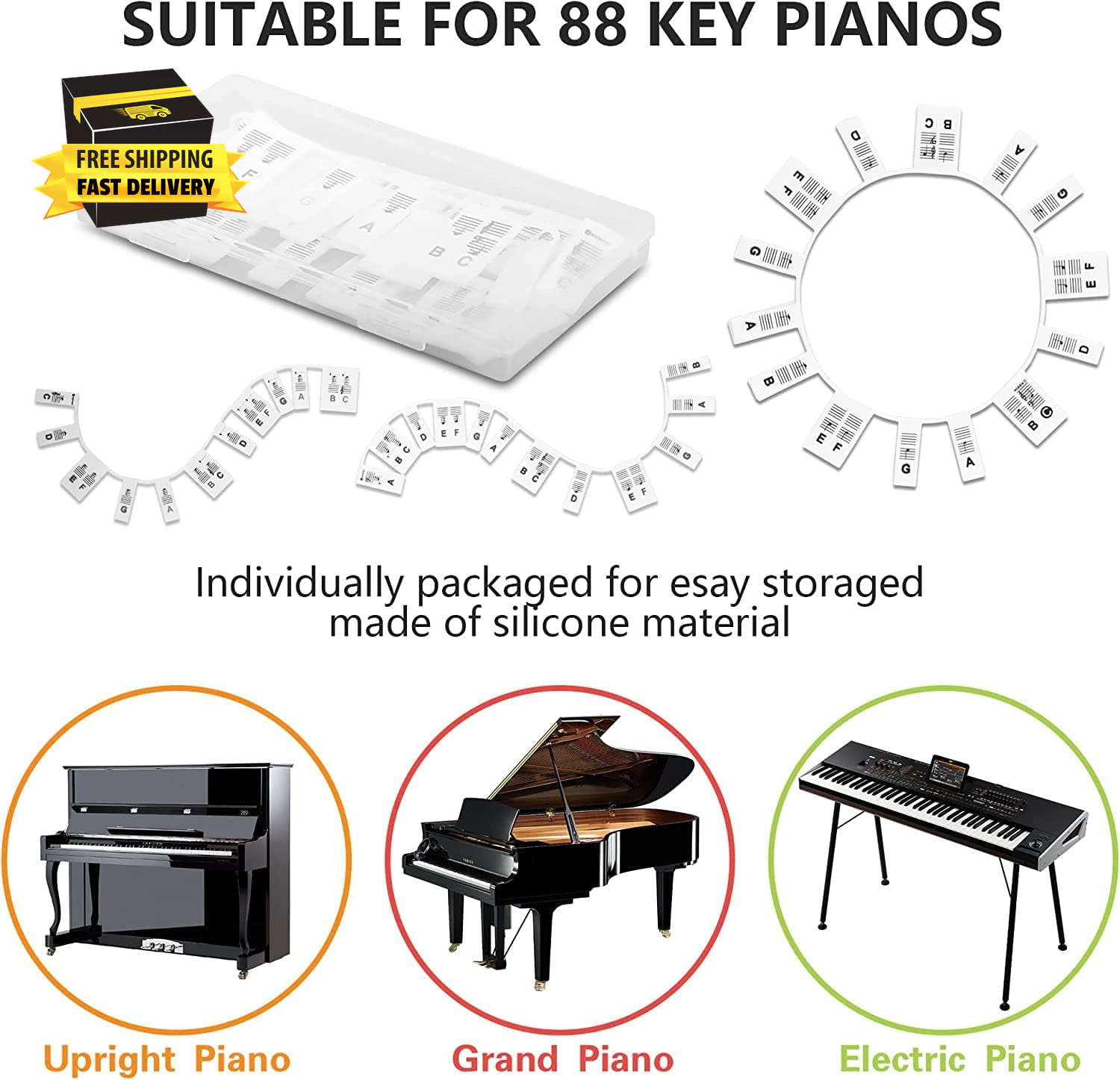 Piano Notes Guide for Beginners, Removable 88/61 Key Silicone Keyboard Strips |