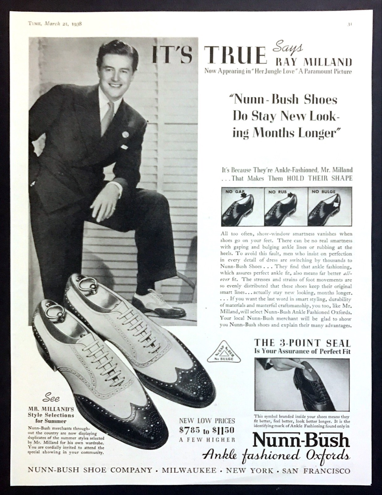 1938 Actor Ray Milland photo Nunn-Bush Men's Oxford Shoes  vintage print ad