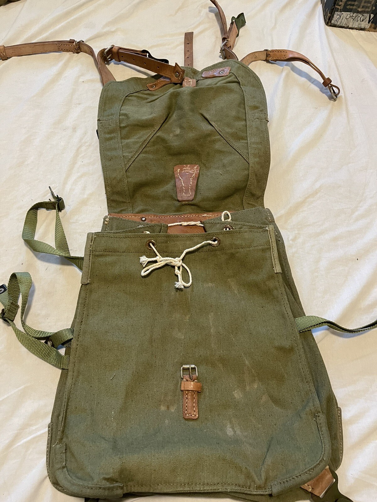 Vintage Romanian Army Canvas Backpack With Leather Shoulder Straps.