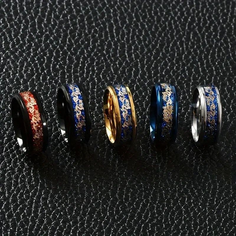 5 Colors 8MM Men Women Black Blue Red Silver Stainless Steel Dragon Band Ring