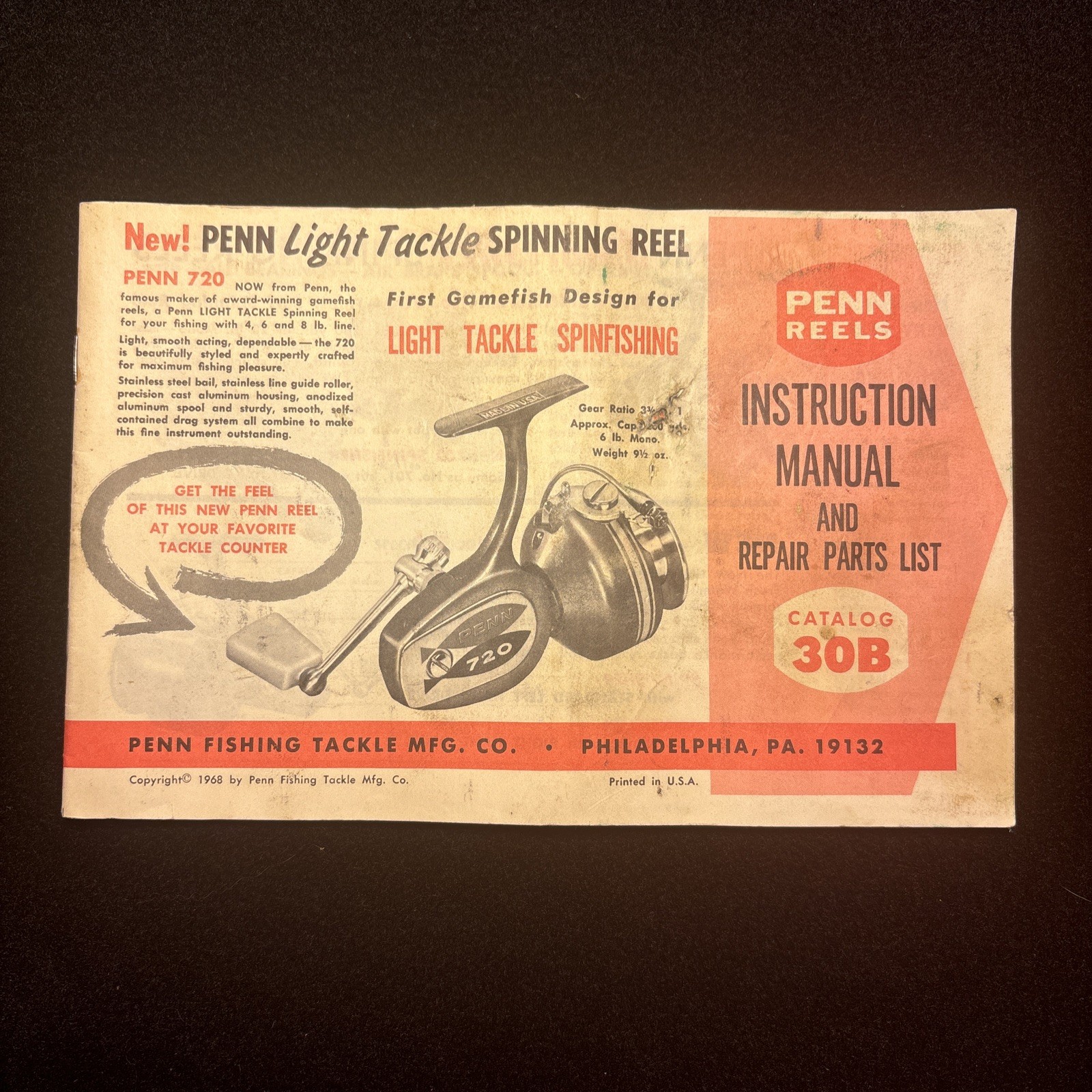 Penn Reel Instruction Manual & Repair Parts List Catalog 30B Fishing Vintage