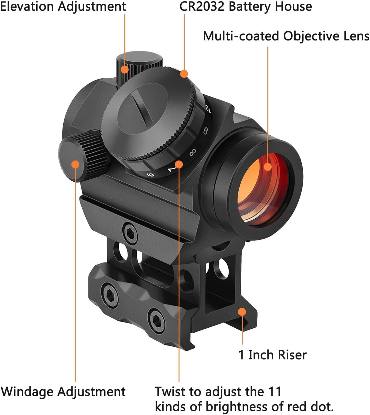 2MOA Riflescope Red Dot Sight 1x25mm Reflex Sight with 1 inch Riser Mount