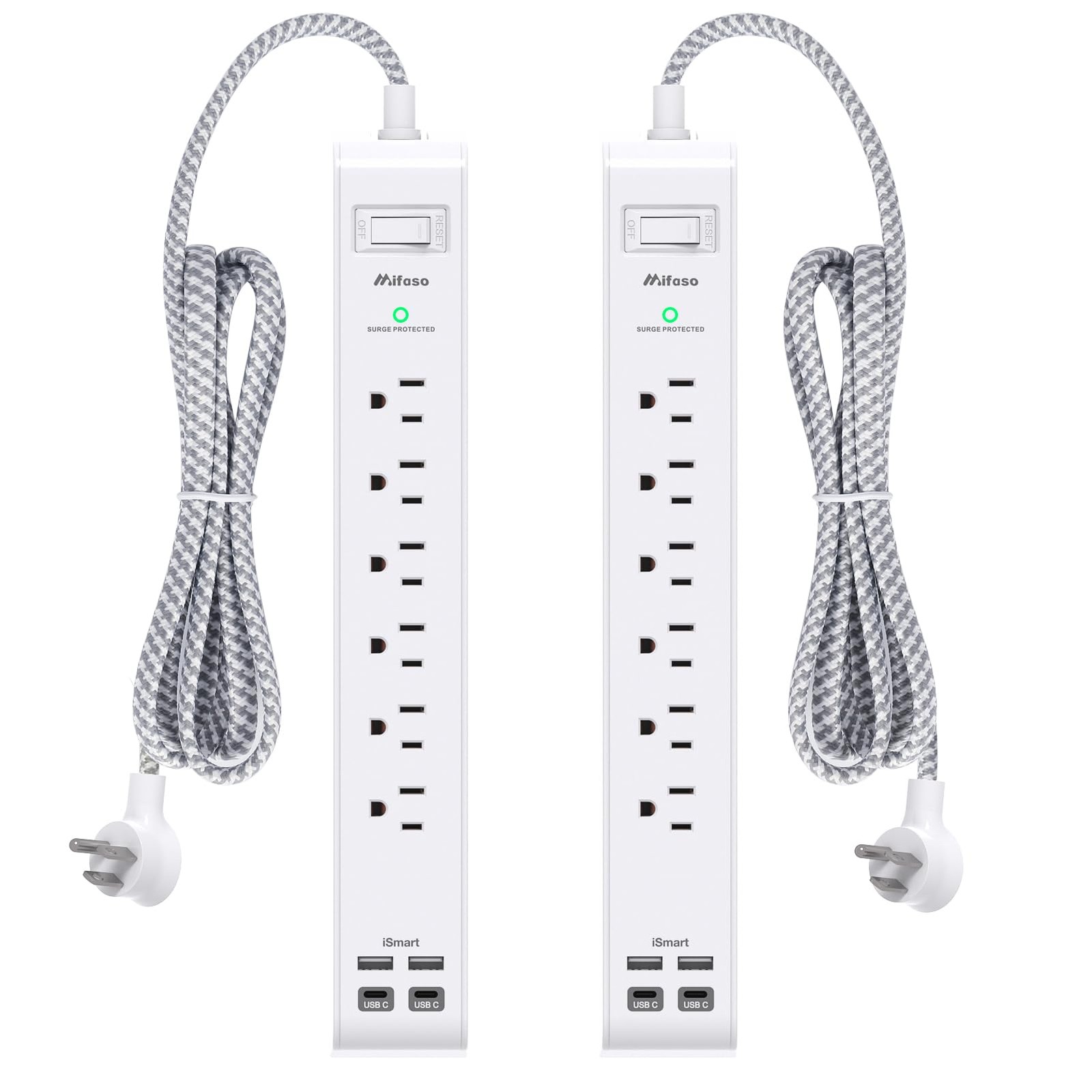 2 Pack Power Strip Surge Protector, 6 Outlets 4 USB Ports (2 5FT, White