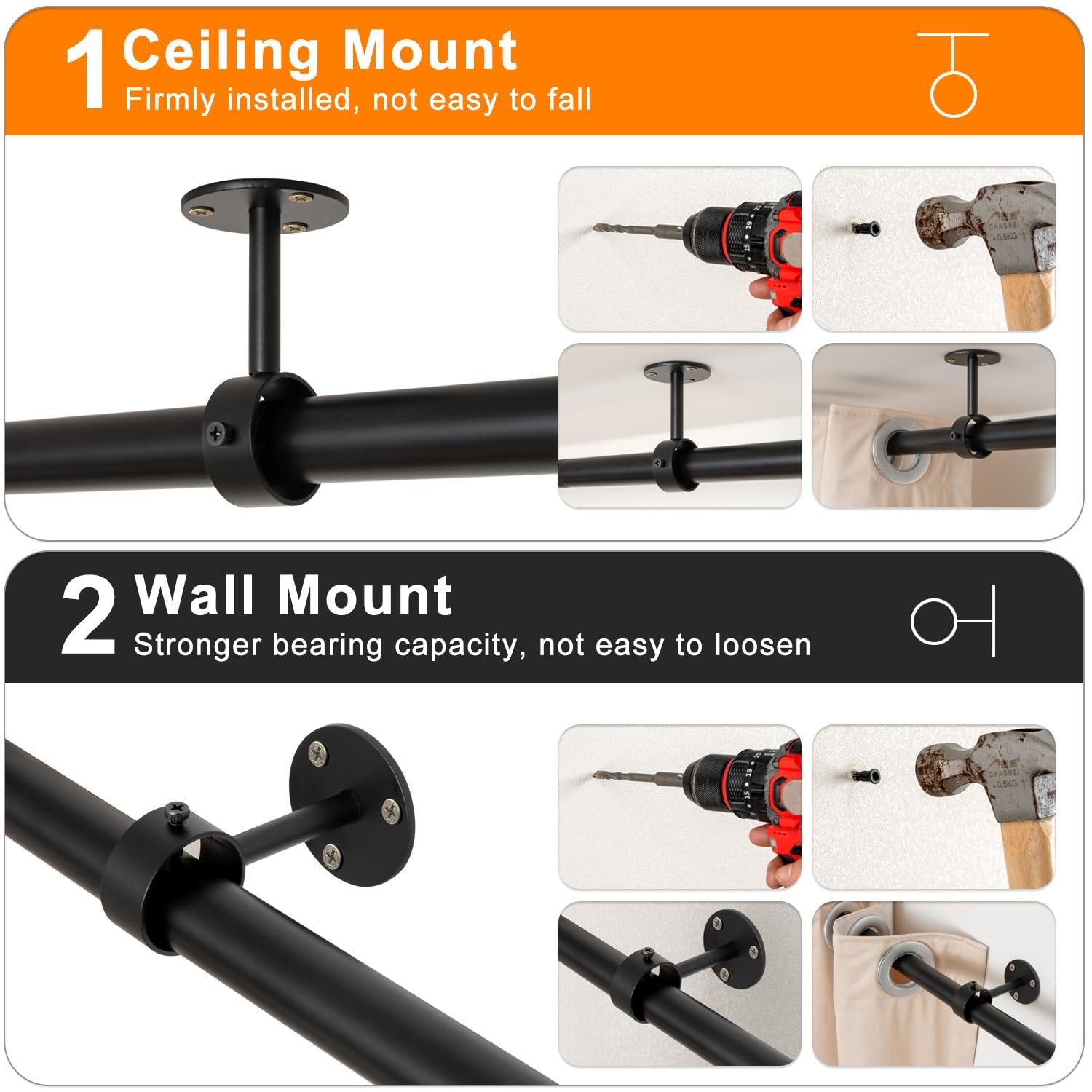 Ceiling Curtain Rod Brackets - 2 Pack, Ceiling Mounted Curtain Rod Hooks Black