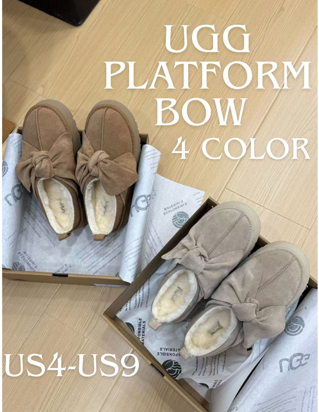 UGG Women's Platform Bow Slip-On Slippers Loafers Sand US4-US9 Size 35-40 New