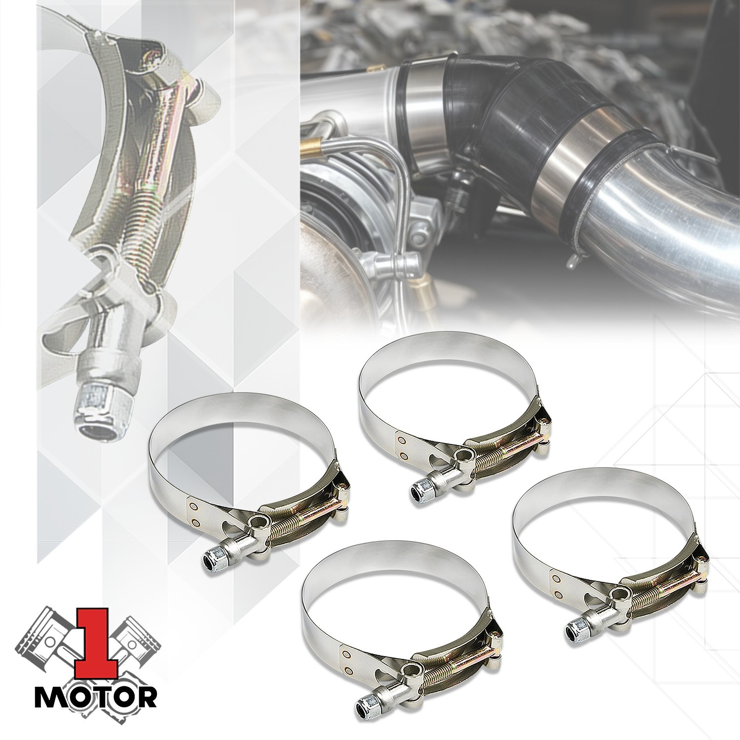 2.1-2.5" Adjustable ID Rust Resistant Polished 4x T-Bolt Clamps w/Nylon Lock Nut