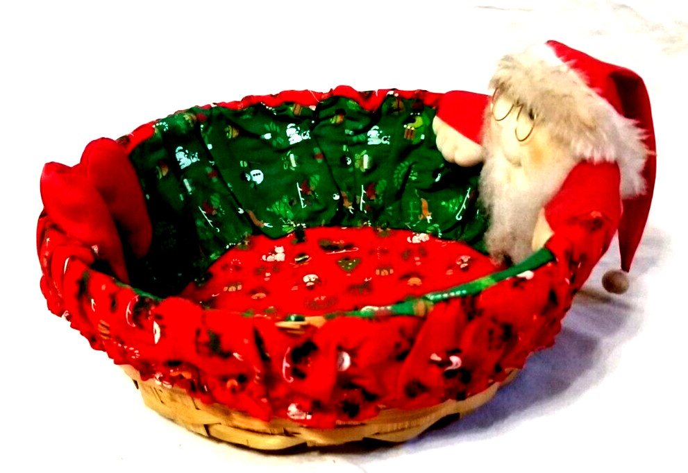 Spectacle Santa Gift Bread Basket Wicker w Xmas Red Green Holiday Cloth VTG