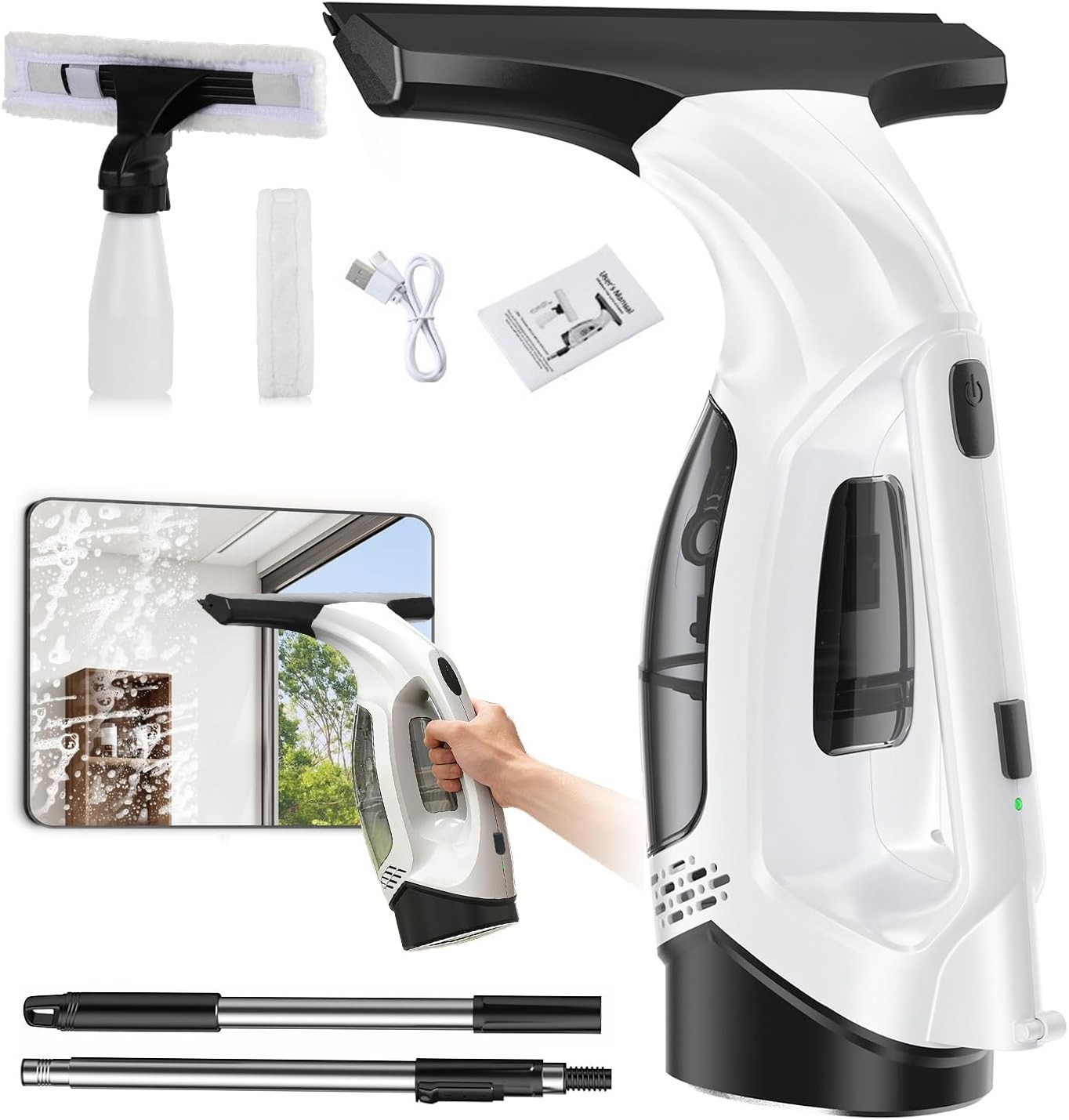 Window Vacuum Squeegee Cordless, 2000Pa Electric Window Cleaner Tool
