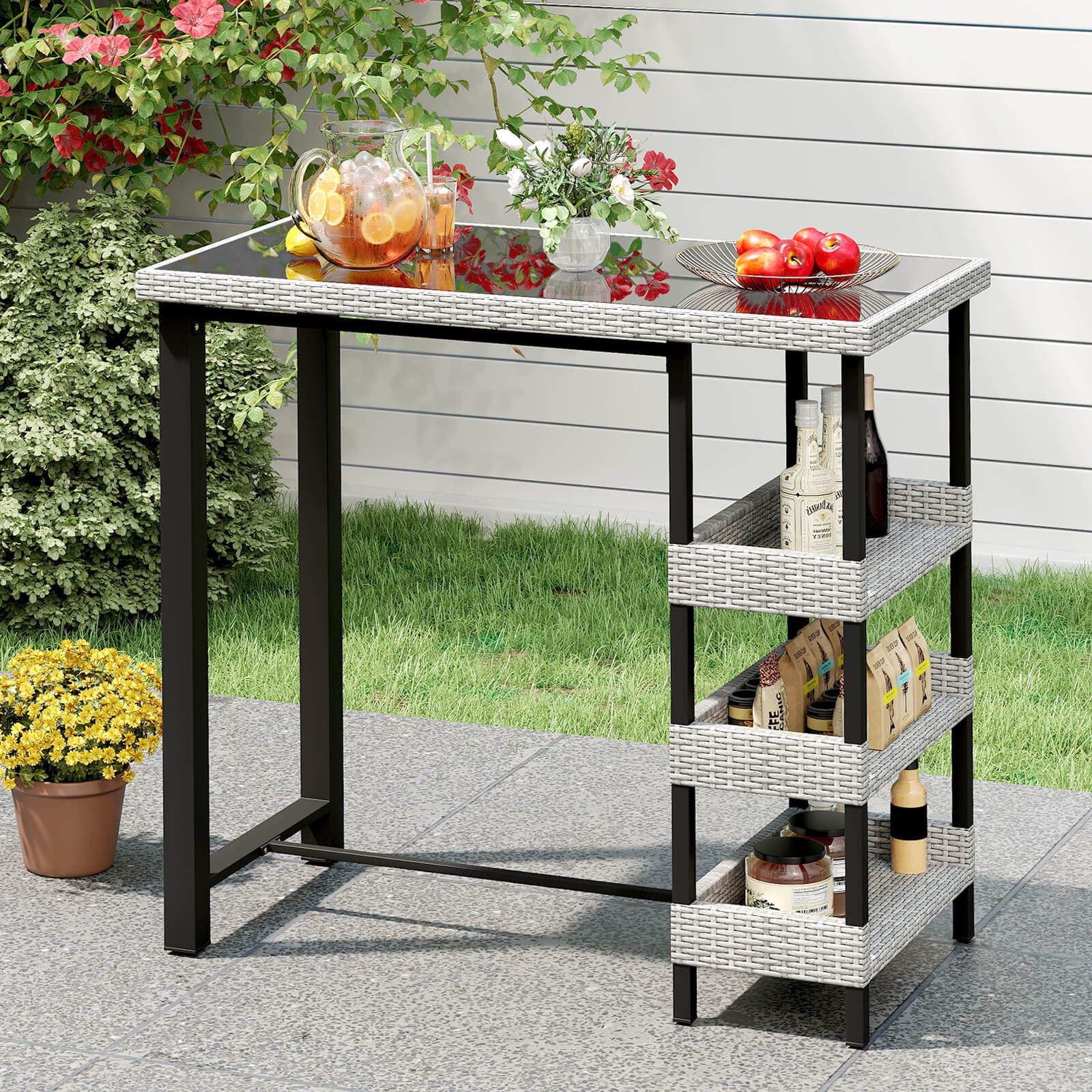 43.5 Inch Outdoor Bar Table w/ Tempered Glass Top & 3 Rattan Shelves Storage