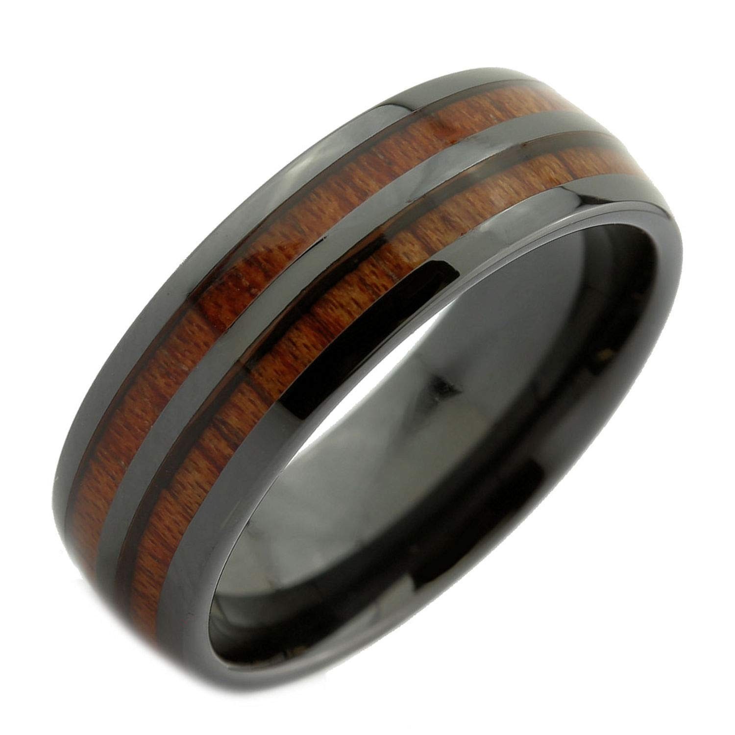 Black Ceramic 8mm Wedding Band 2 Natural Koa Wood Inlays Comfort Fit Ring 8