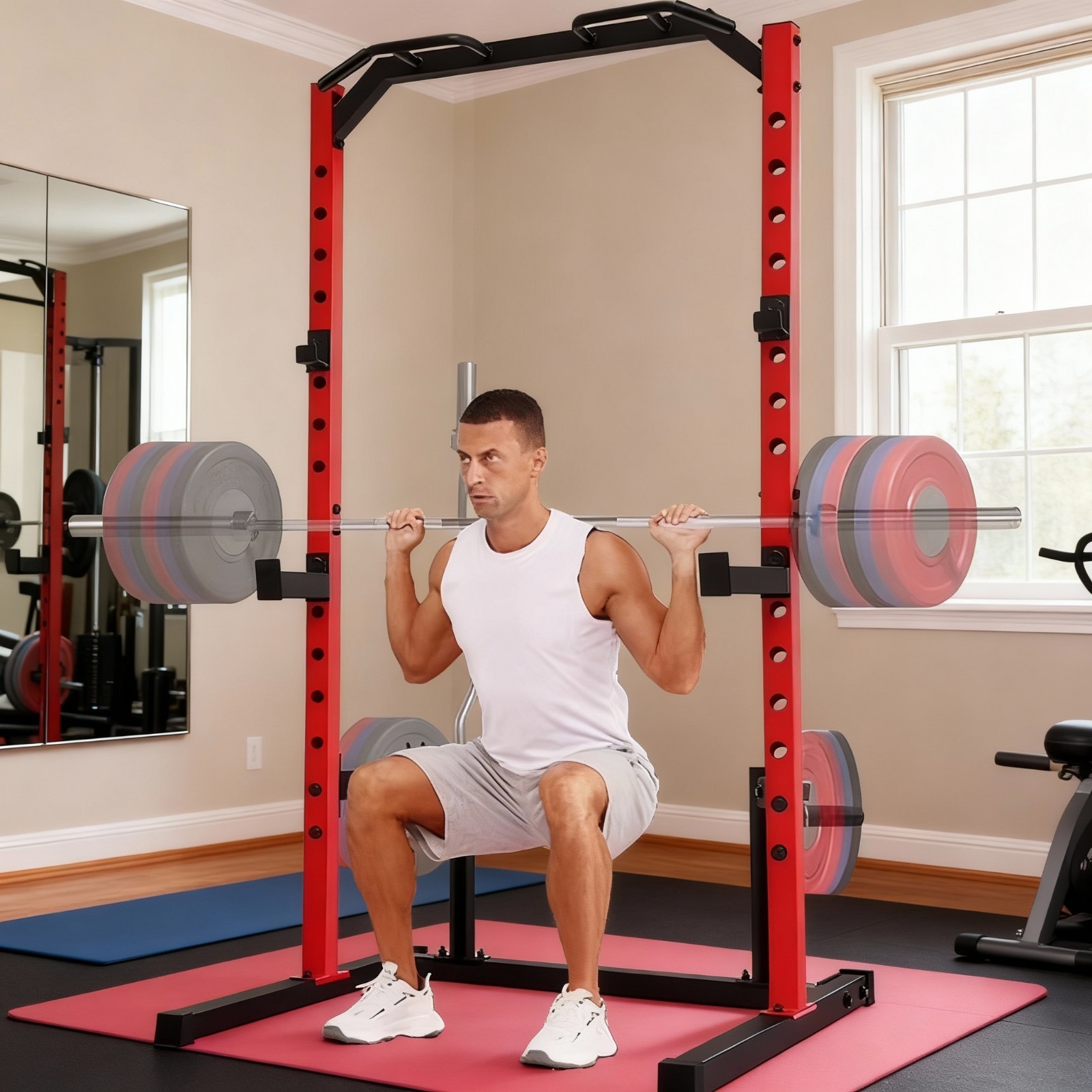 800 LBS Adjustable Power Rack Power Cage Squat Rack with Pull Up Bar and J-Hooks