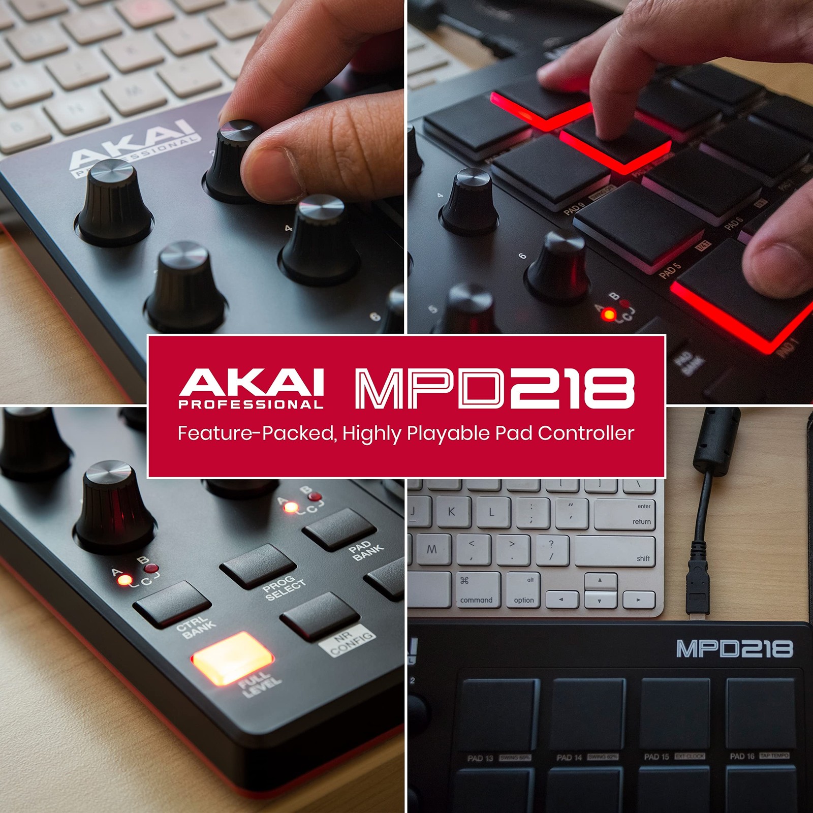 Akai MPD218 USB MIDI Drum Pad Controller, 16 Pads, 6 Knobs