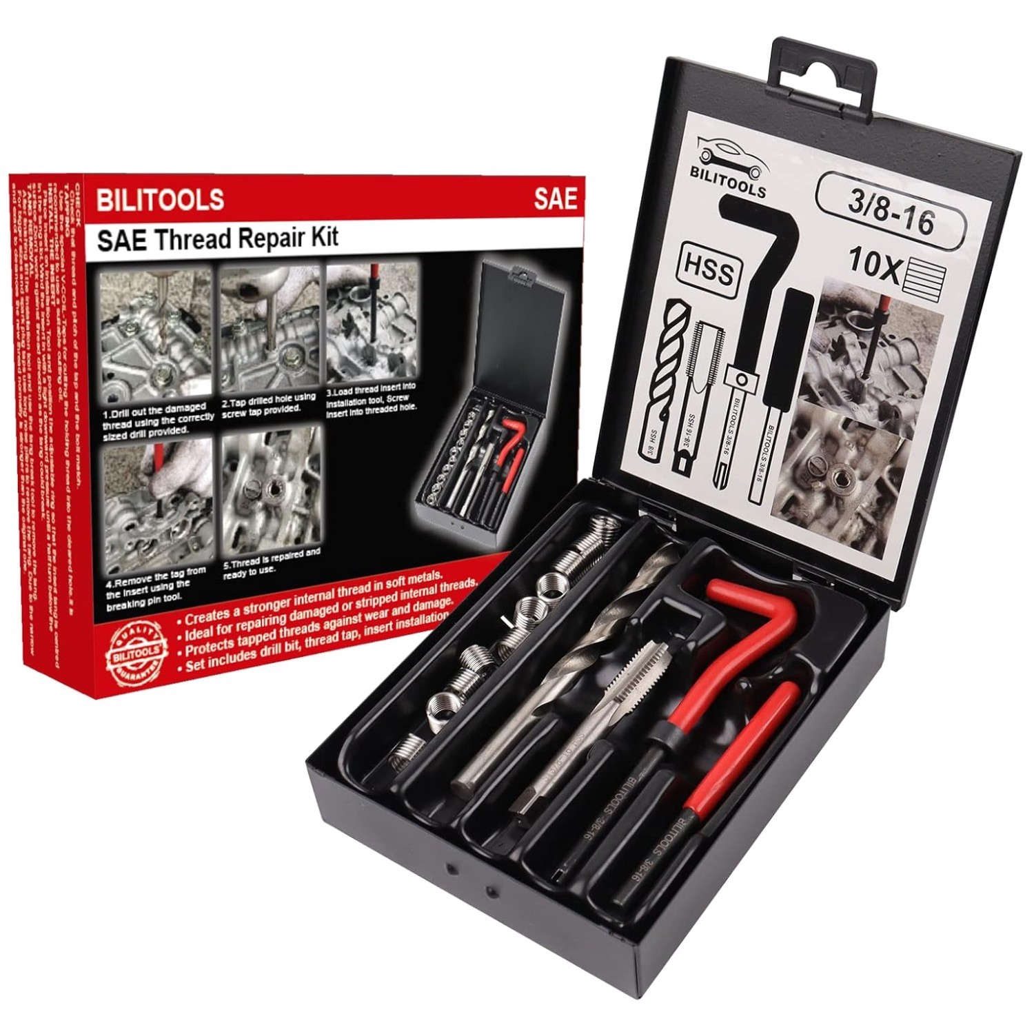 Fully Equipped 3/8-16 Thread Repair Kit with Compact Iron Case for Easy Storage