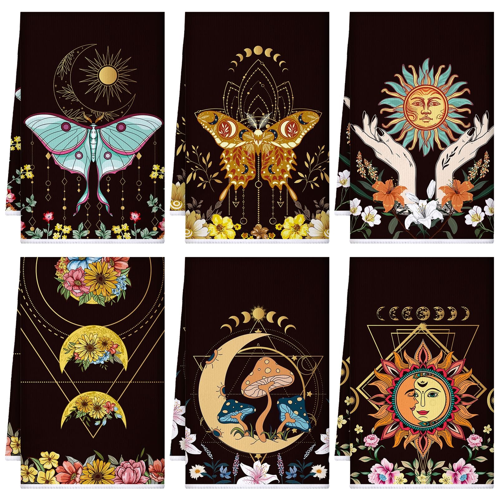 Boyiee Set of 6 Witchy Kitchen Towels Boho Tea Absorbent Small, Moon