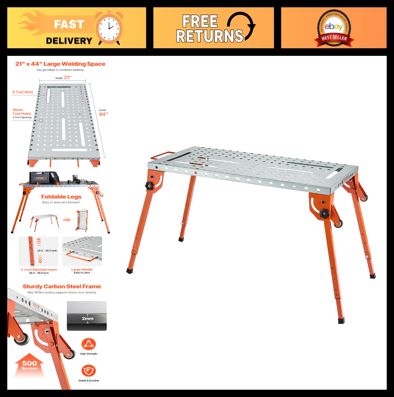 Foldable Welding Table 44"x21", 500LBS Capacity, Adjustable Height Workbench, To