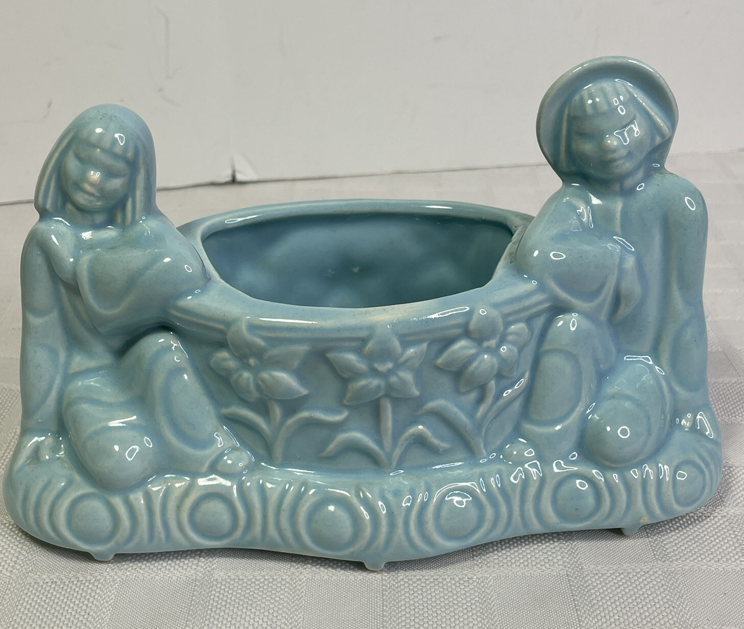 Ceramic Planter Vase Asian Boy Girl Couple Blue Glaze Floral Vintage