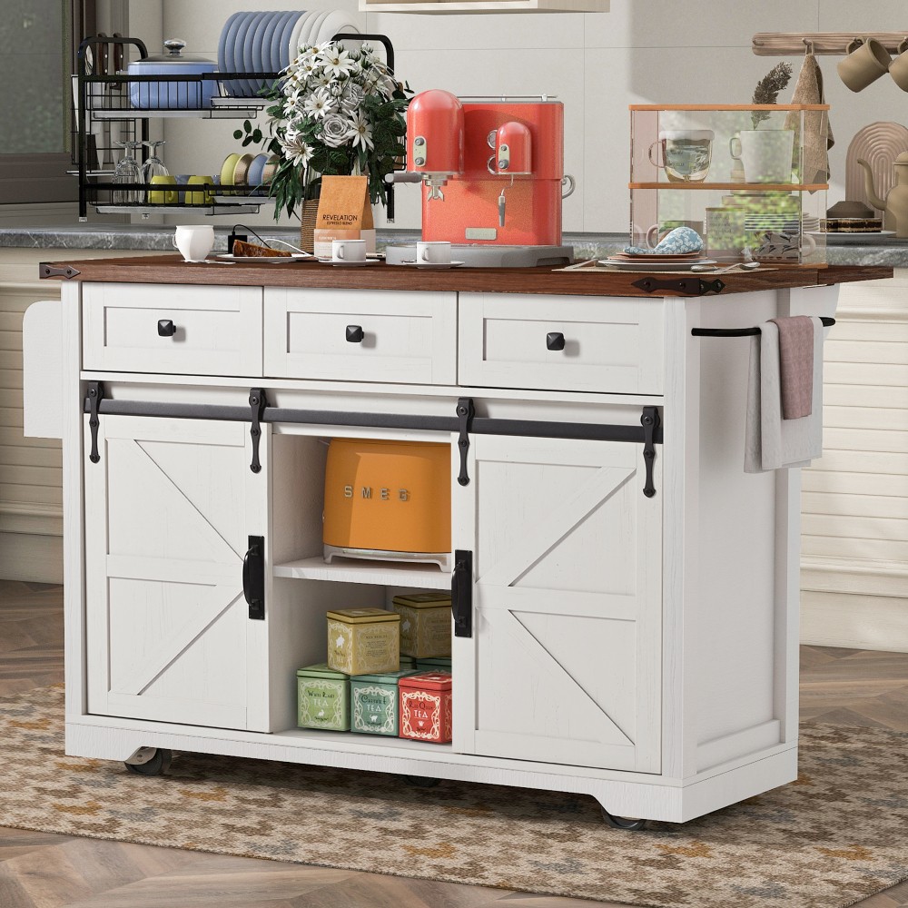 White Farmhouse Kitchen Island with Outlet, Drop Leaf, Drawers