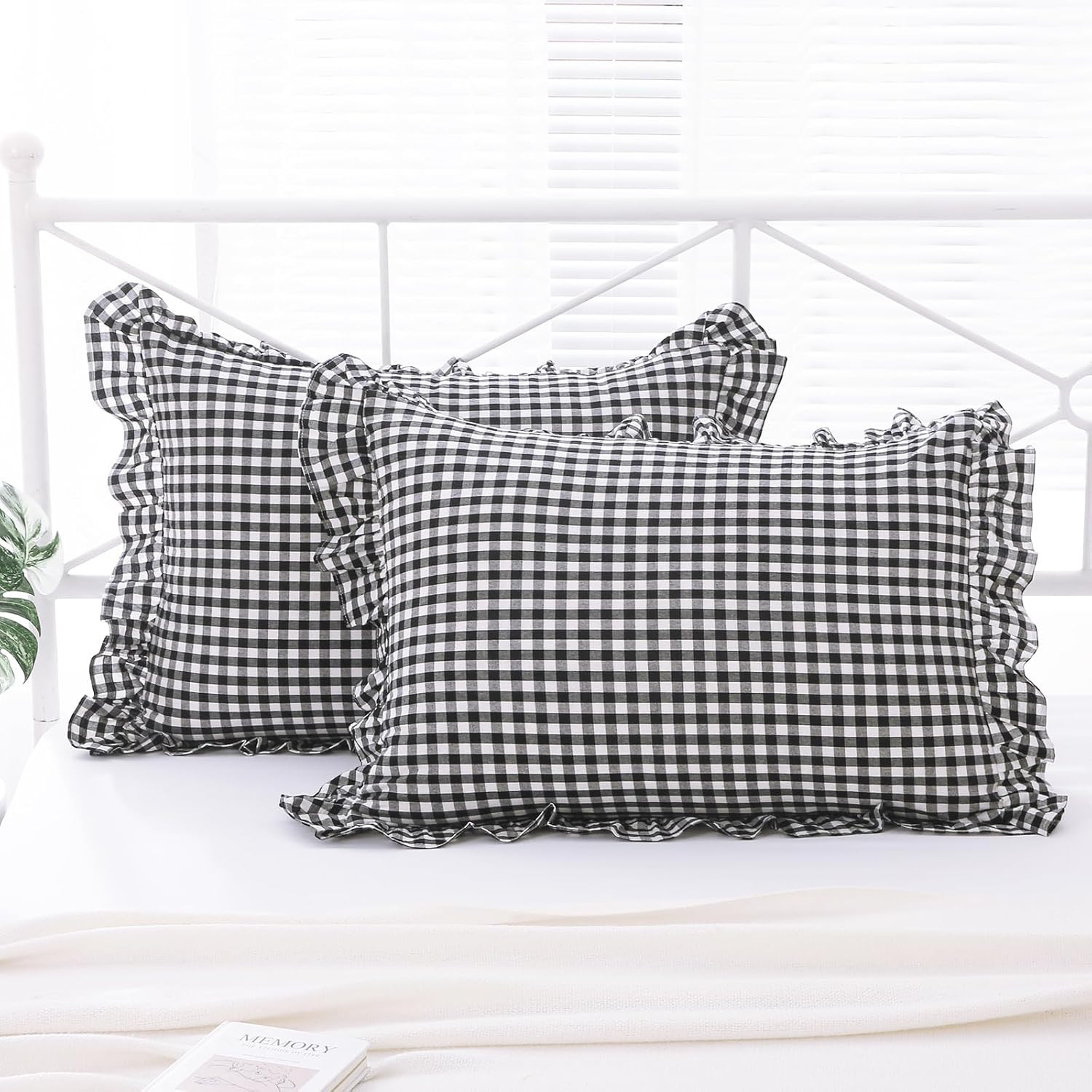 2 Pack Black and White Plaid Ruffle Gingham Standard Pillow Shams, 100% Washed C