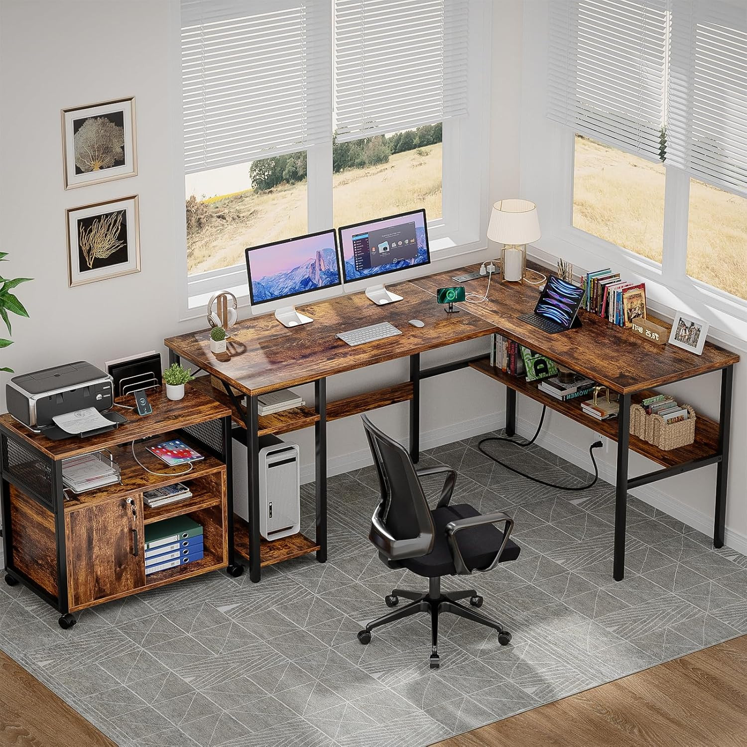 L Shaped Computer Desk with Magic Power Outlets and USB Charging Port, Sturdy Re