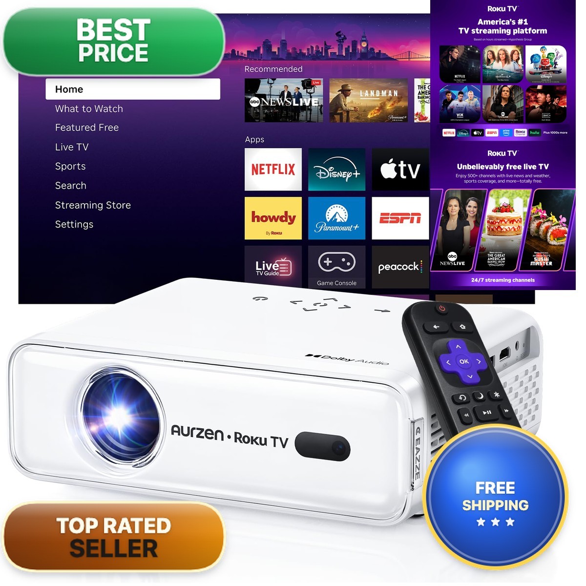 Aurzen Roku Tv D1R Smart Portable Outdoor Projector Wifi And Bluetooth A02A11