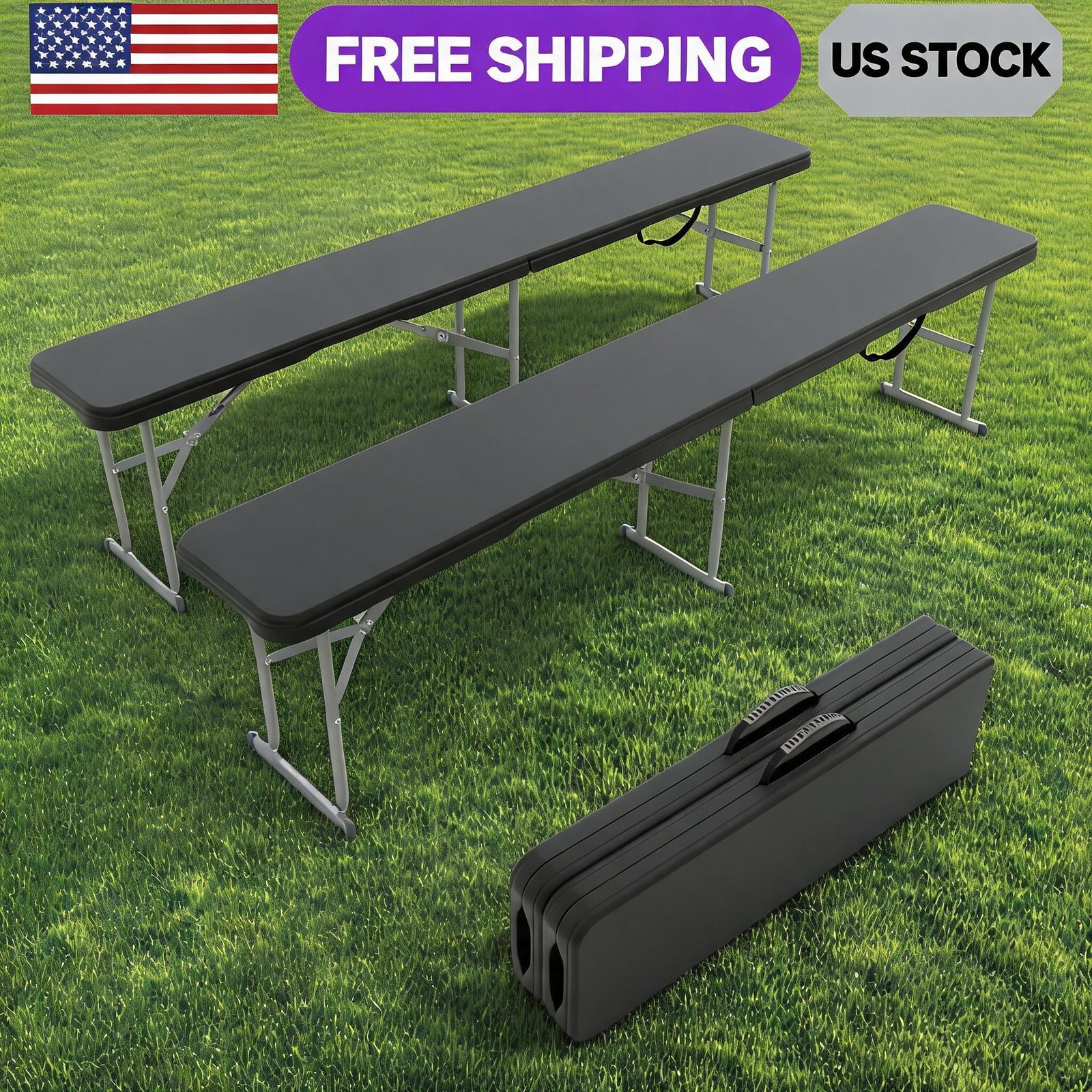 Folding Outdoor Benches 2 Pack – Sturdy HDPE Top & Steel Frame 6FT Heavy-Duty