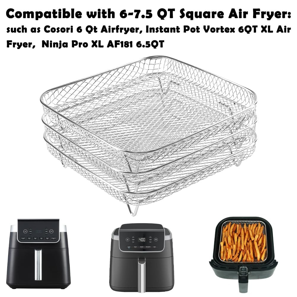 BYKITCHEN 8 inch Square Air Fryer Rack, 3pcs Stackable for 6-7.5 QT, Silver