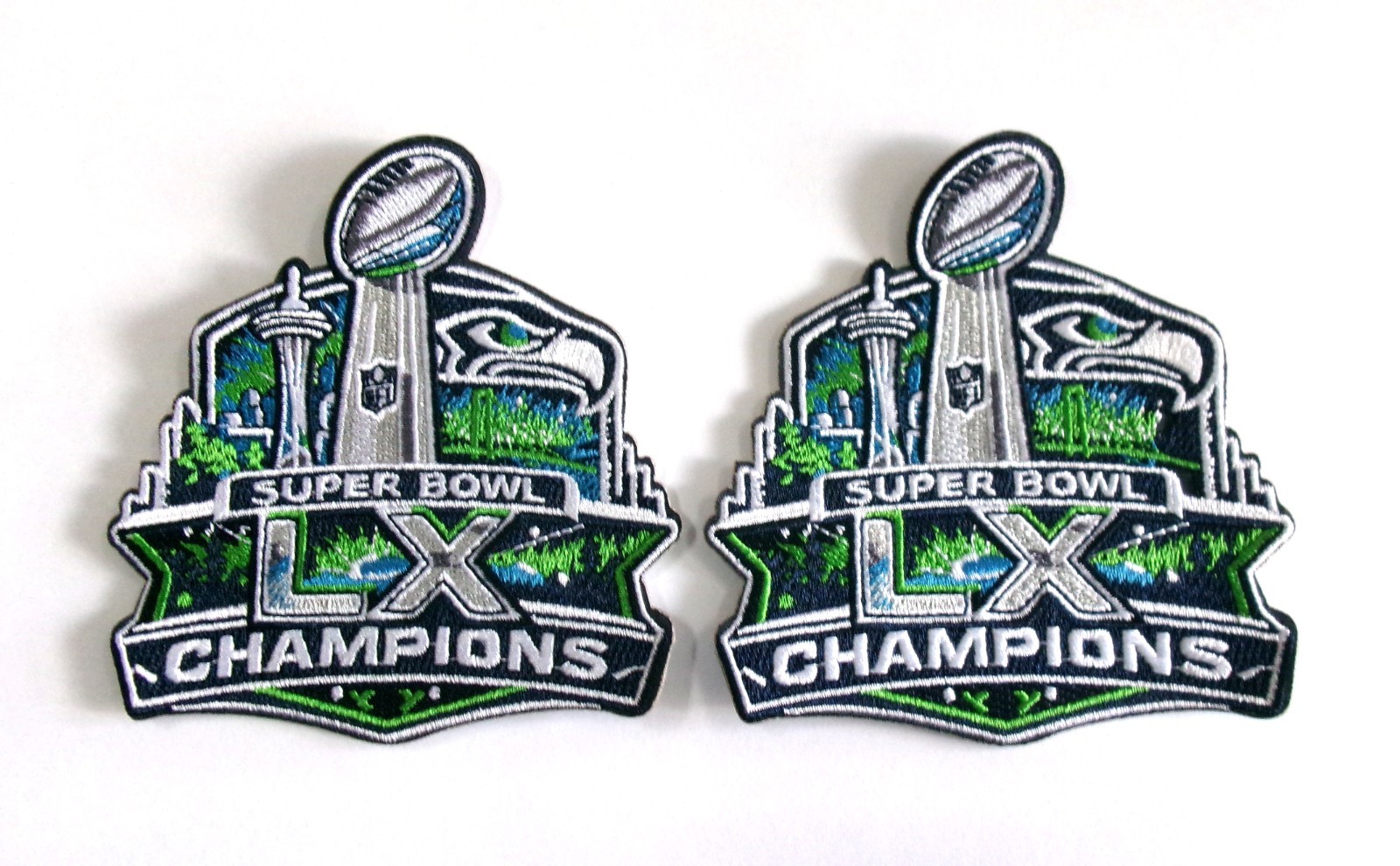 LOT OF (2) SEATTLE SEAHAWKS LX CHAMPIONS SUPER BOWL PATCHES (TYPE J) ITEM # 102E