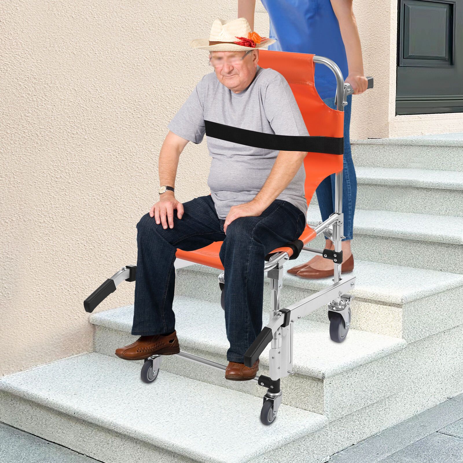 160kg Load Emergency Stair Climbing Wheelchair Foldable Transport Chair Orange