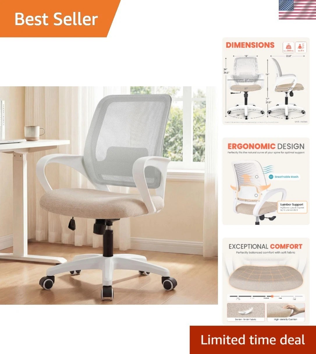 Adjustable Height Rolling Office Chair with Lumbar Support - Comfy Beige Design