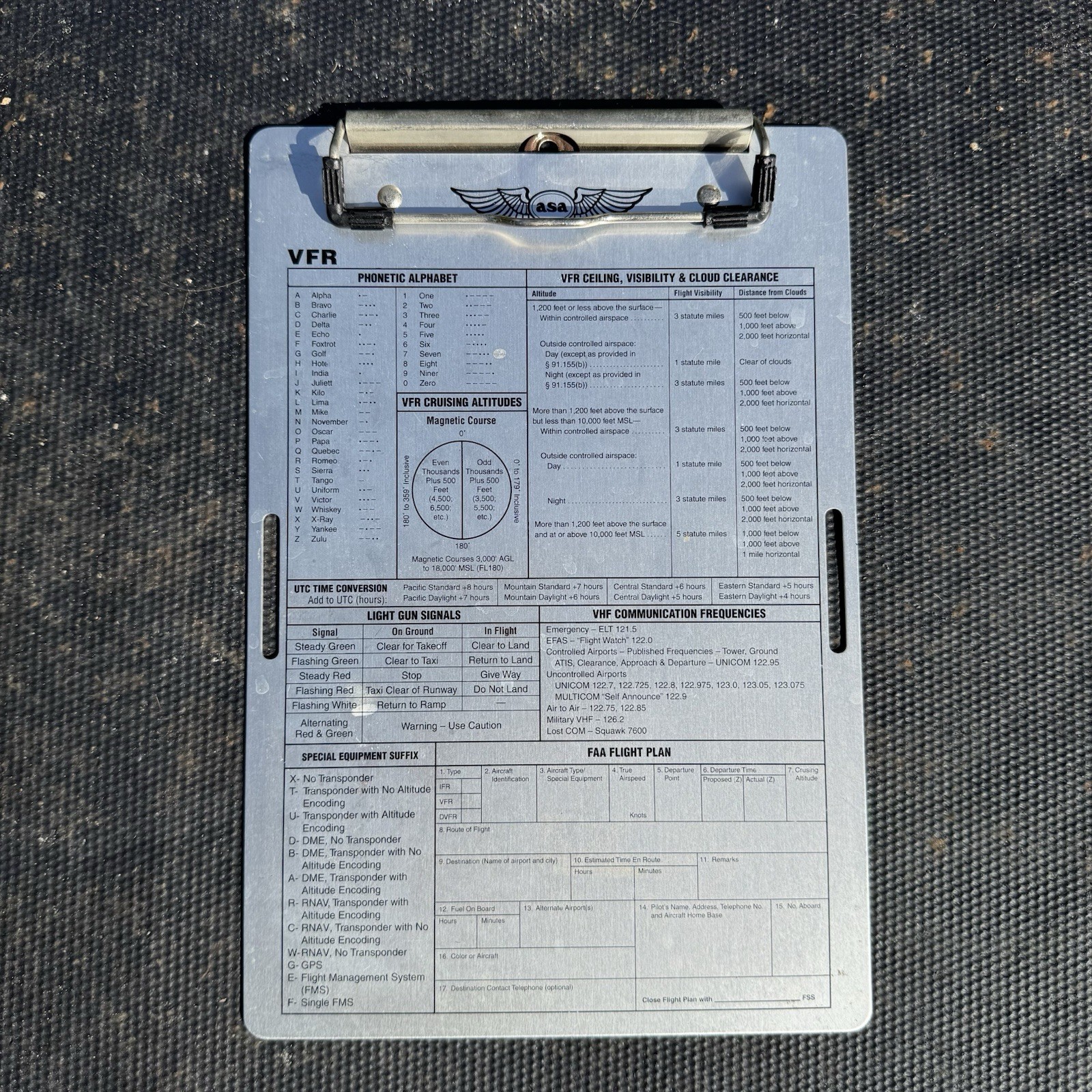 ASA Brushed Aluminum VFR Pilot Cockpit Kneeboard