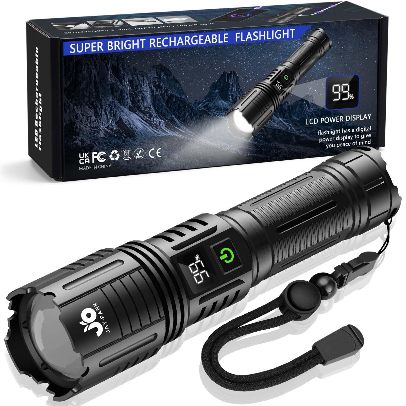 JAY-PARK Rechargeable Flashlights 100000 Lumen, LED Flashlight with Digital P...