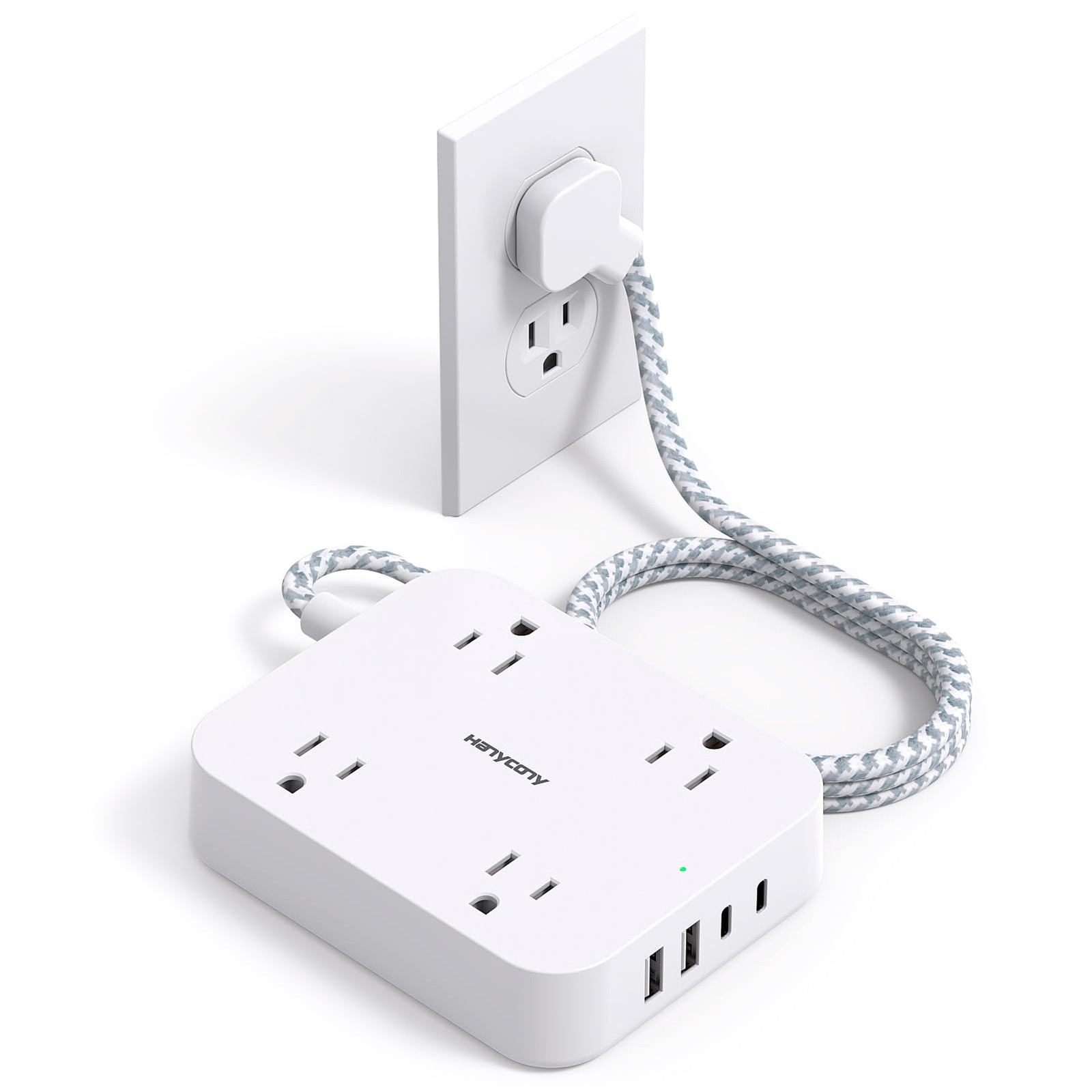 Flat Plug Extension Cord, 4 Widely Power Strip with 4 USB Ports(2 USB C)