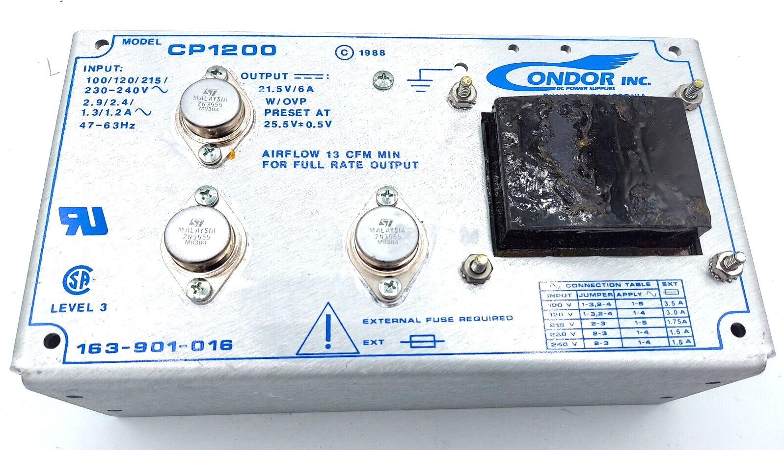 Condor Power Supply CP1200 -  21.5VDC 6A Output --  Multi-Tap Input 163-901-016