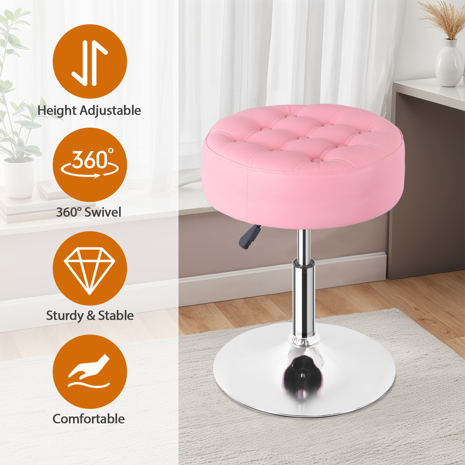 2 PCS Pink Vanity stool for Makeup Room Adjustable Height PU Leather Bar Stool