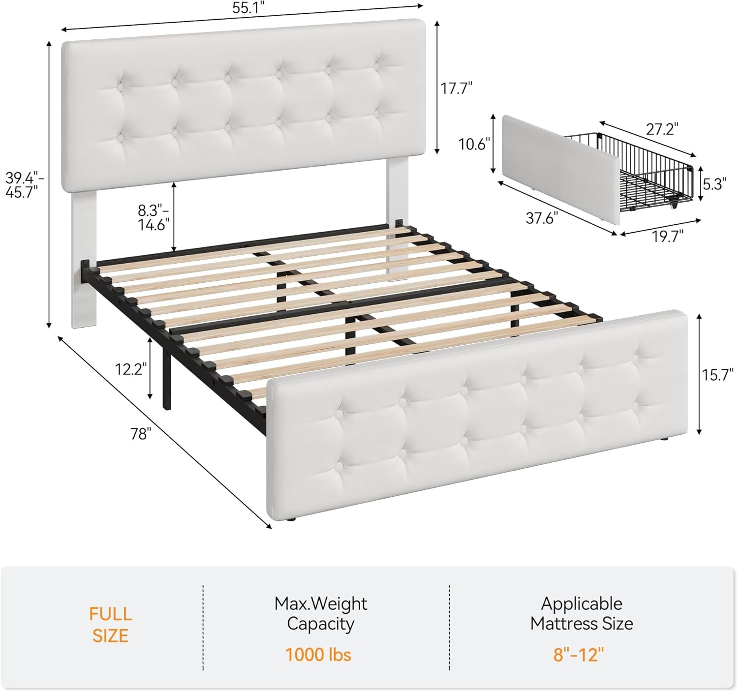 Full Size Bed Frame with 4 Storage Drawers and Adjustable Upholstered Headboard