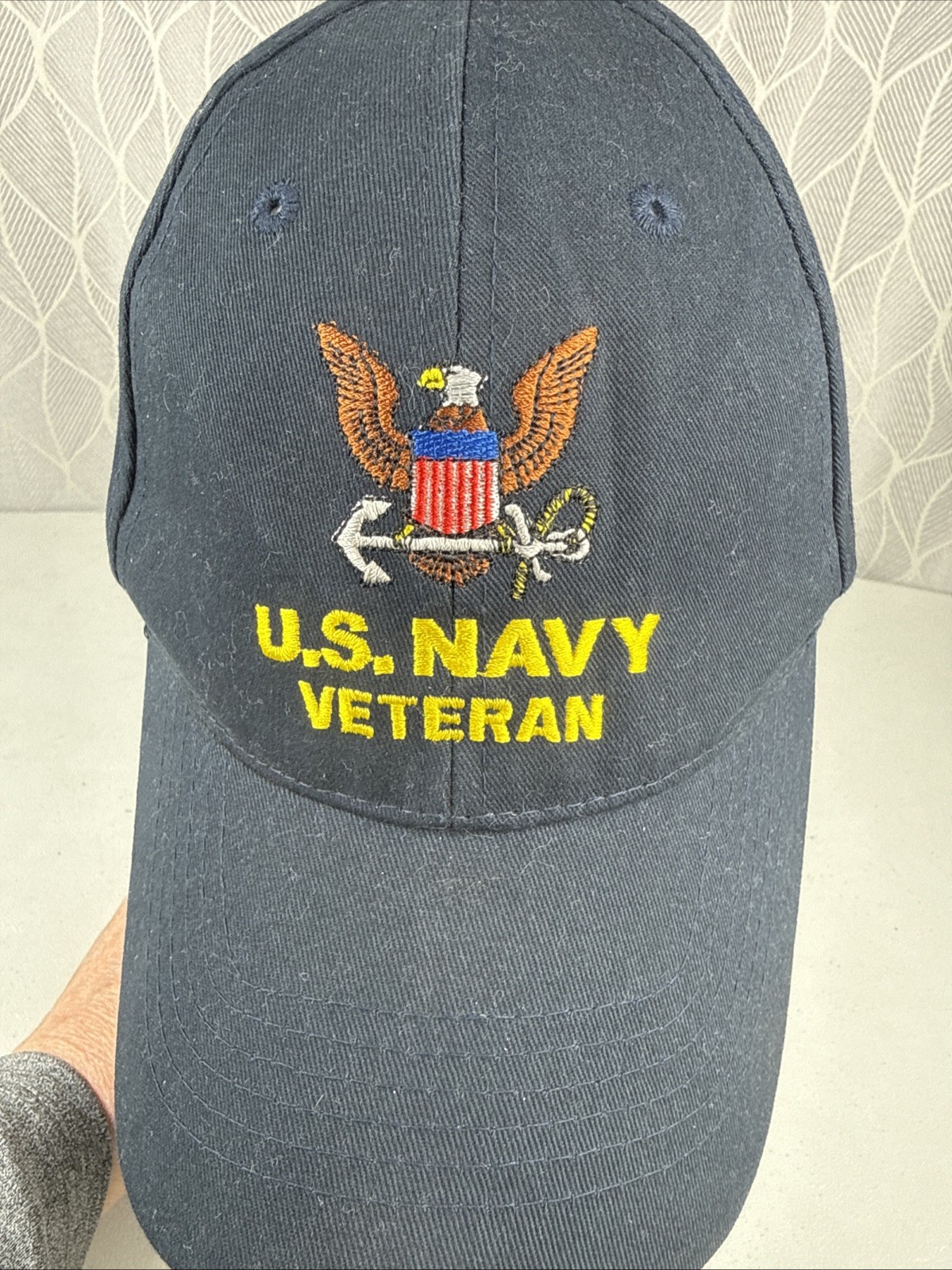 U.S. Navy Veteran w Eagle Logo on Navy Hat Cap Hook Loop Yellow White Brown RWB
