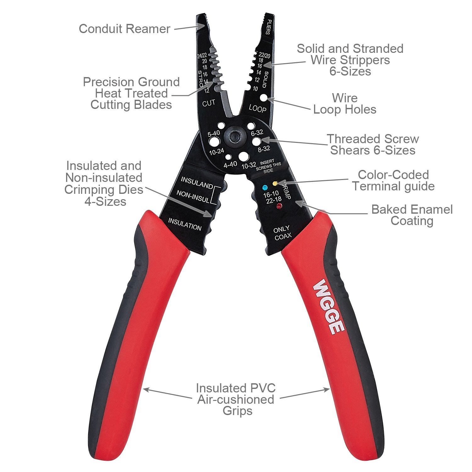 WGGE WG-015 Professional 8-inch Wire Stripper/Crimping Tool, Cable Cutter/Cri...