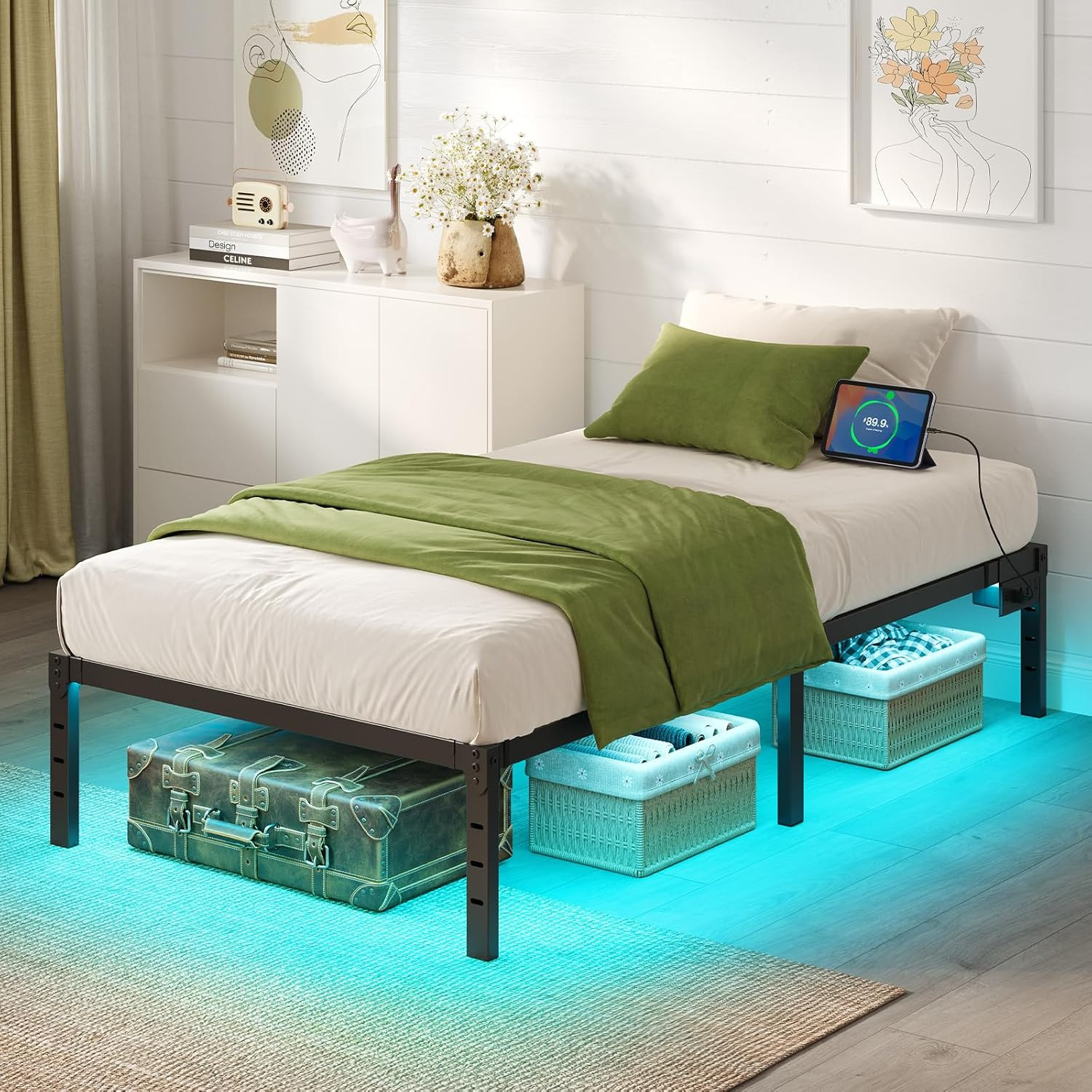 Bed Frame with USB Charging Station, Twin Bed Frame with LED Lights, Platform Be
