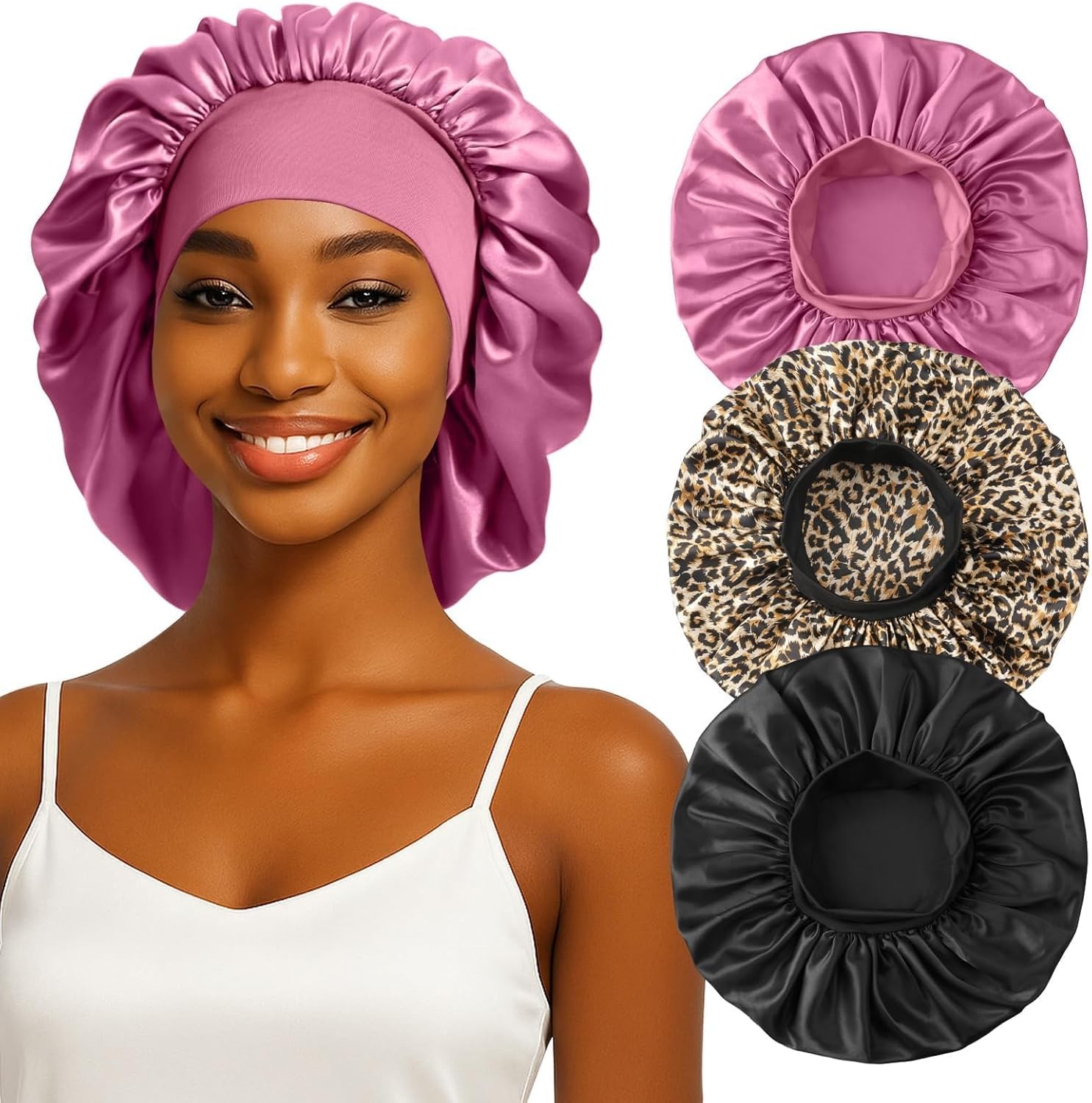 silk sleep bonnet large satin hair cap elastic hair bonnet for women 3pcs silk